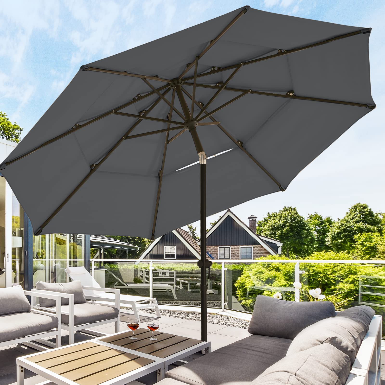 wikiwiki 10 FT Patio Umbrellas 3-Tiers Outdoor Table Market Umbrella with Push Button Tilt/Crank, Fade Resistant Waterproof POLYESTER DTY Canopy for Garden, Lawn, Deck, Backyard & Pool, Dark Gray