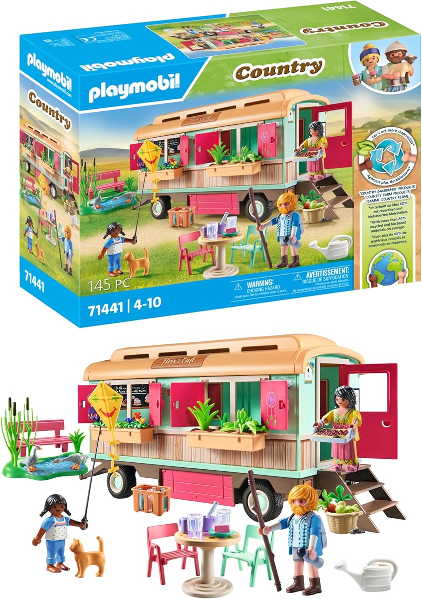 Country 71441 Acogedor café con remolque con equipamiento detallado y estanque de gansos, divertido juego de rol imaginativo, juguete duradero para niños a partir de 4 años