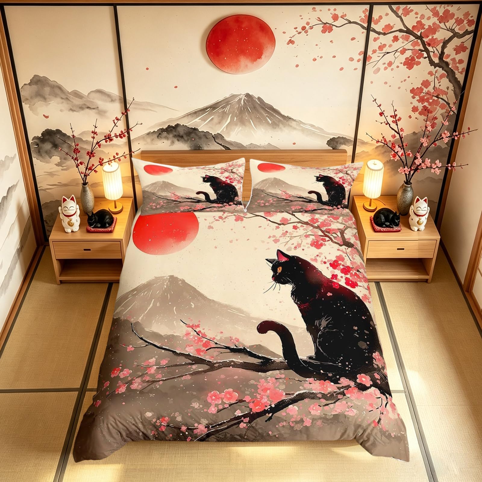 Loussiesd Black Cat Duvet Cover Set Super King Size Cherry Blossoms Anime Bedding Set Kids Boys Girls Sunset Fuji Mountain Decor Duvet Cover with 2 Pillowcases Japanese Style Bedding โ image 1