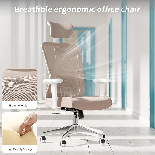 Miniatura 5 de Silla de oficina ergonómica, silla de escritorio de malla con reposacabezas ajustable y reposabrazos 2D, sillas de computadora con soporte lumbar,