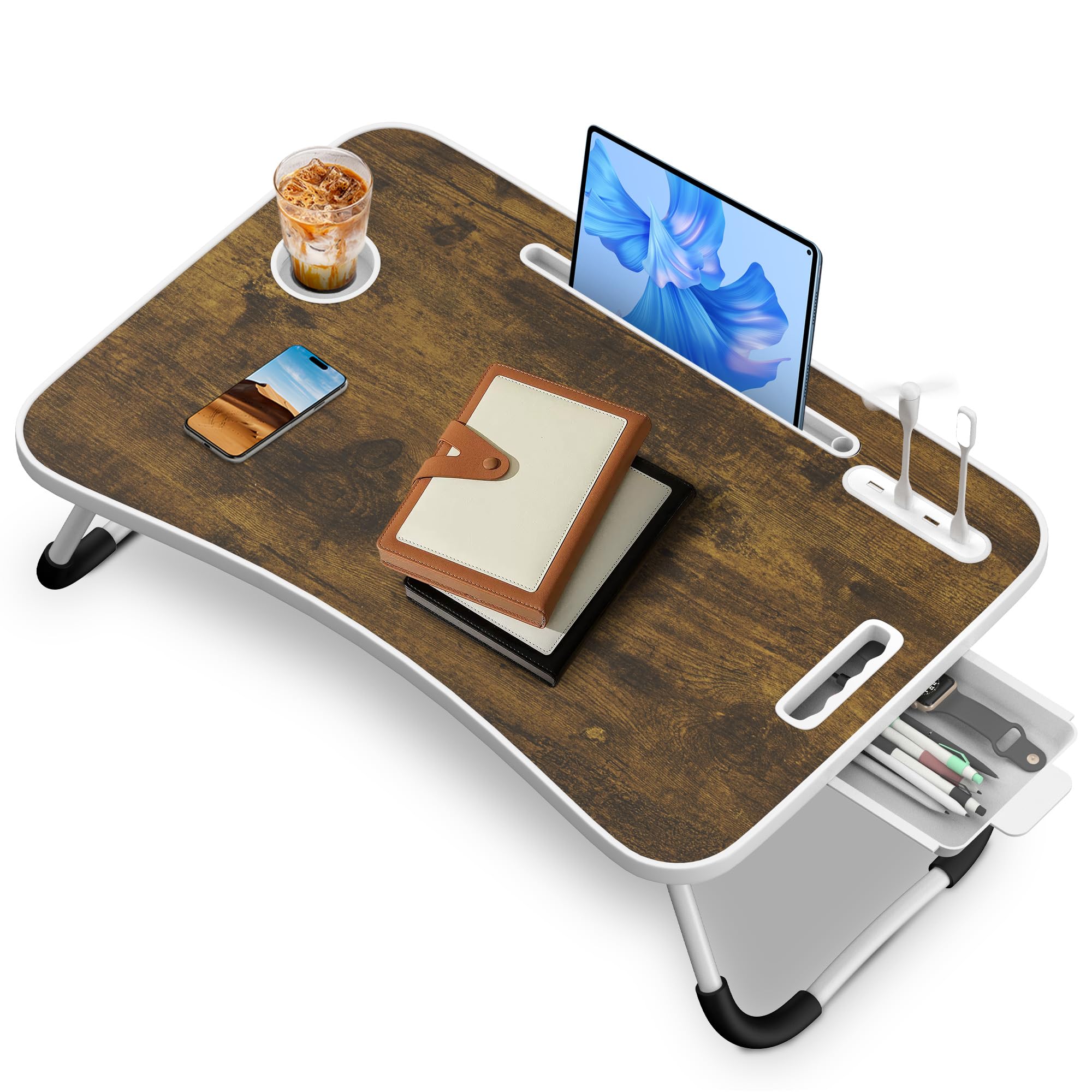 Soontrans Plateau de Lit 60x40x28 cm, Table de lit, Pliable, Support Ordinateur Portable Lit avec Tablette Support, Tiroir, Porte Gobelet, Poignée, pour Lit, Canapé, Sol, étude, Travail (Brun Foncé)