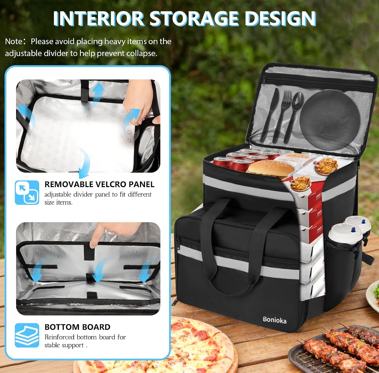 Food Delivery Bag, Expandable Delivery Backpack with 4 Cup Holders, Large Insulated Pizza Bag for Hot/Cold Food, Reflective Bike Courier Backpack, Fits Uber Eats, DoorDash, Grubhub, Camping, Black