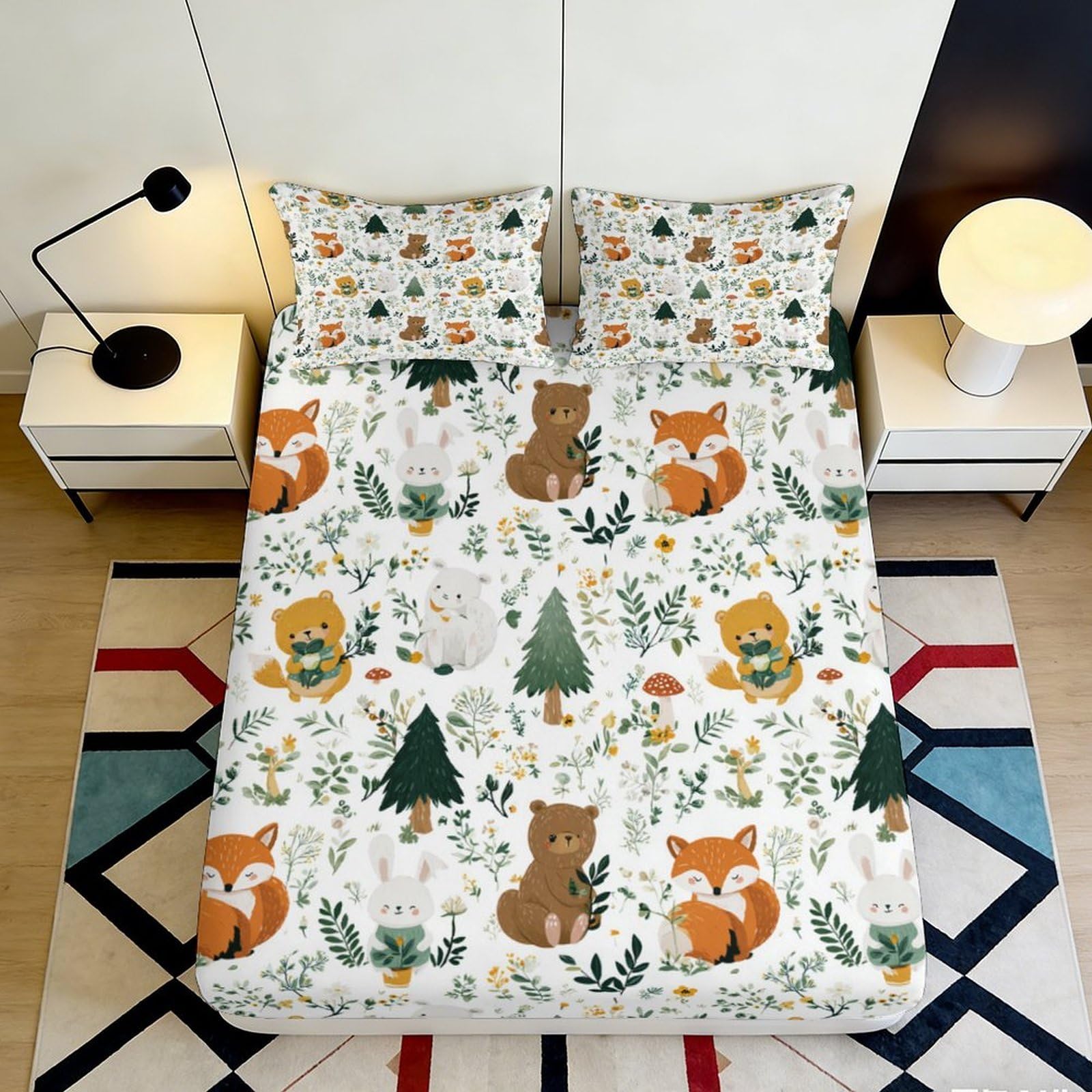 3D Printed Forest Animals Fitted Sheet Microfiber Soft Woodland Bear Fox Bed Cover for Bedroom Dorm Decor 200x200x25cm