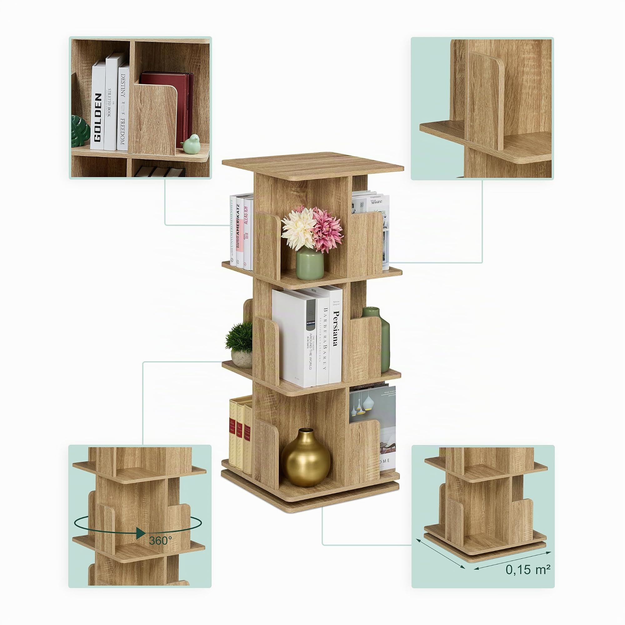 Relaxdays Libreria Girevole, 3 Ripiani Effetto Legno, Scaffale Porta Libri e CD, 95x39x39 cm, Torre Rotante, Naturale