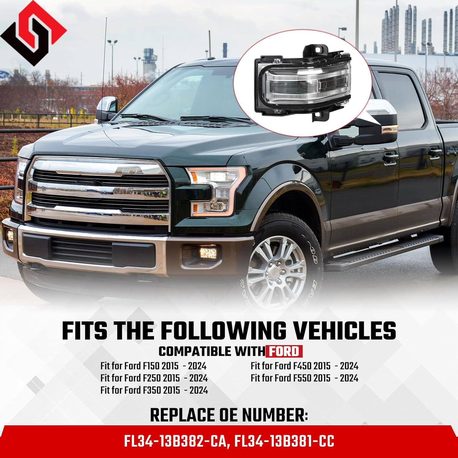 Tow Mirror Turn Signal LED Light Fit for Ford F-150 F-250 F-350 F-450 F-550 2015-2024, Side Mirror Indicator Lamp, Replaces FL34-13B382-CA