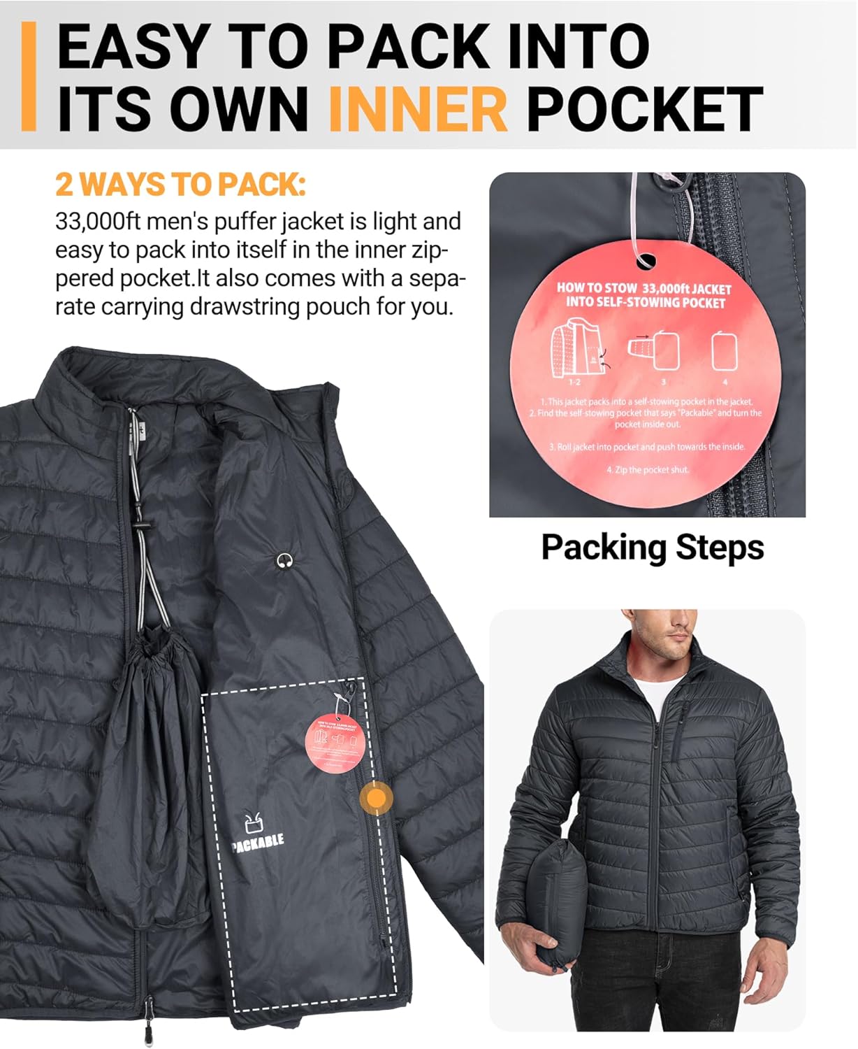 33,000ft Men's Puffer Jacket Lightweight Packable Winter Jacket - Image 3