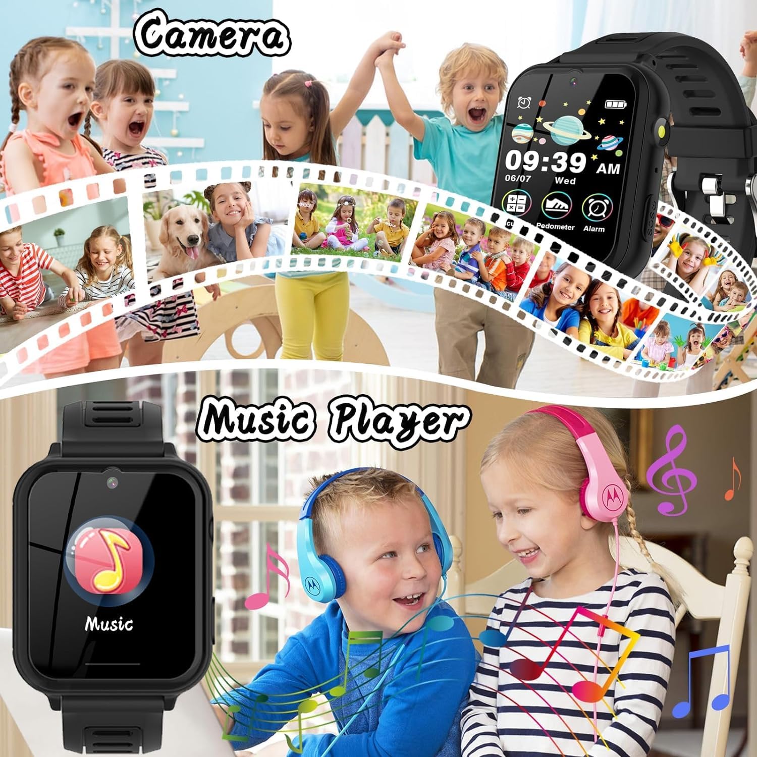 Montre Connectée Enfant Garçons Filles, Montre Intelligente Enfant avec SOS Appeler,14 Jeux HD Caméra & Lecteur Vidéo Musique Torche, Cadeaux pour Enfants 3-12ans (Noir)