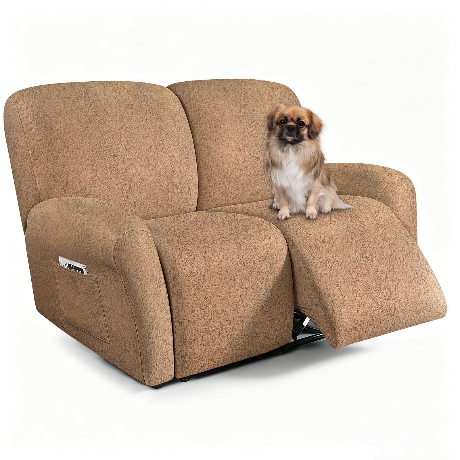 ANARACHON Leather Look Loveseat Recliner Covers Stay in Place 6-Piece Recliner Sofa Slipcover 2 Seater Reclining Couch Cover Furniture Protector Spandex Fabric Washable (Recliner Loveseat,256Brown)