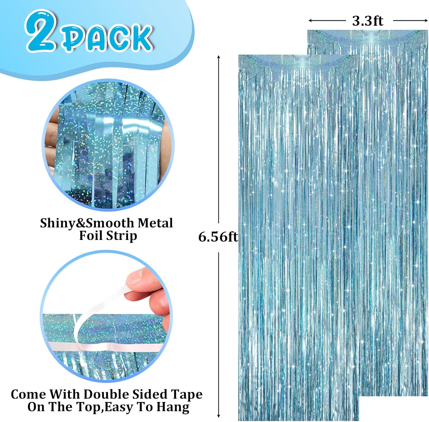 2 Pack Laser Light Blue Foil Fringe Curtains, Tinsel Streamers Birthday Party Decorations, Fringe Backdrop for Kids Birthday, Sea, Blue Theme Party - Image 2