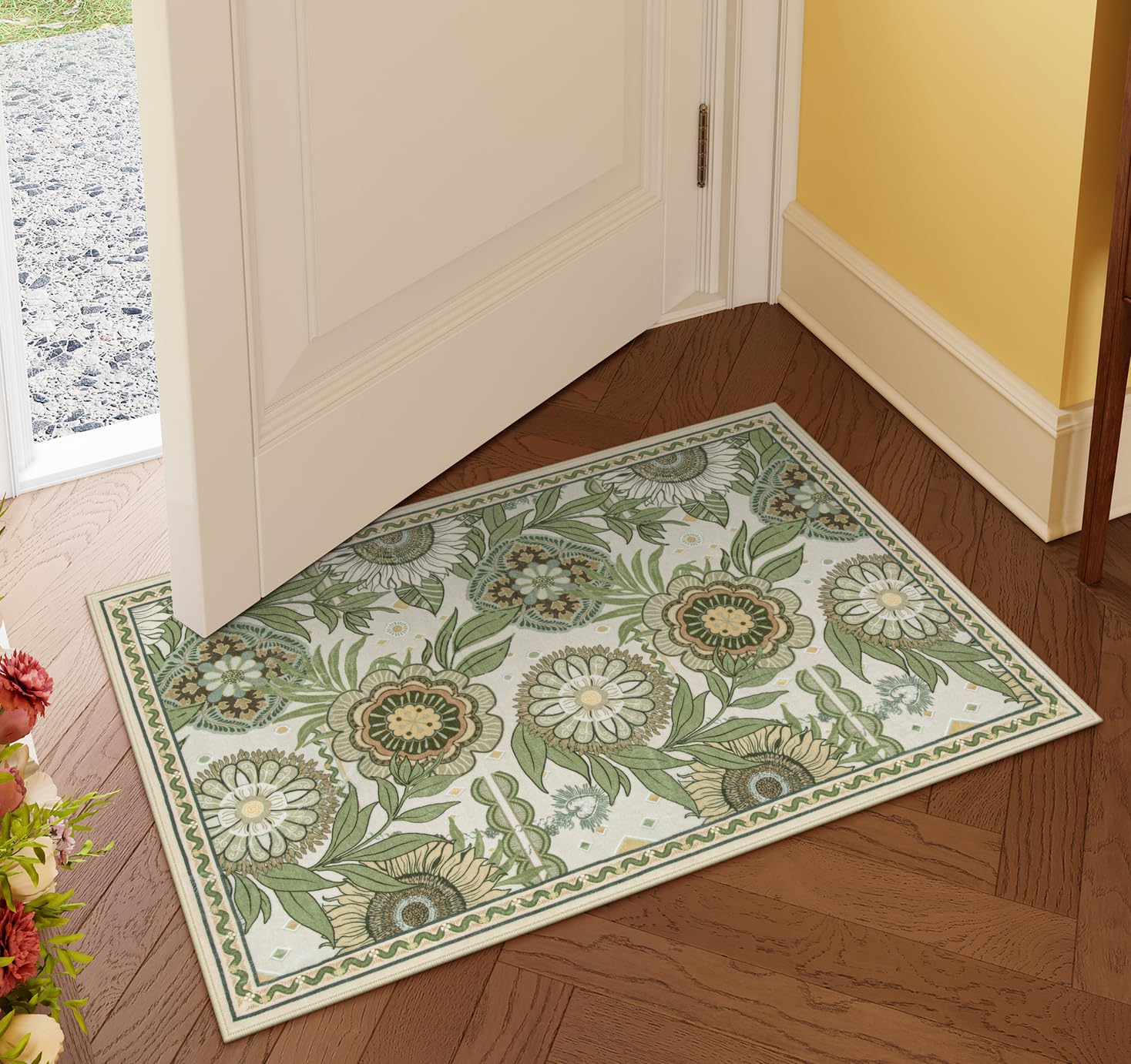 Lahome Sunflower Green Bathroom Rug, 2x3 Washable Kitchen Small Throw Rugs with Rubber Backing Washable Mats for Entryway, Farmhouse Floral Front Door Mat Non Slip Indoor Carpet for Entry 2'