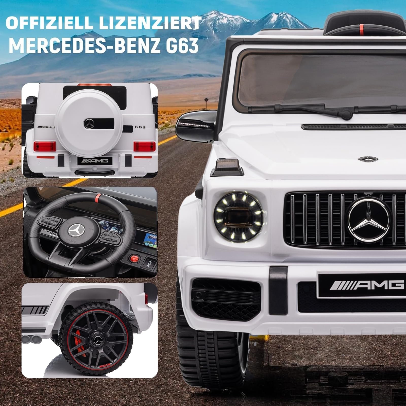 LEADZM Kinder Elektroauto Mercedes G63, 4 stoßdämpfende Räder, 12V 7ah, Fernbedienung, Kinderauto Kinderfahrzeug (Blanc)