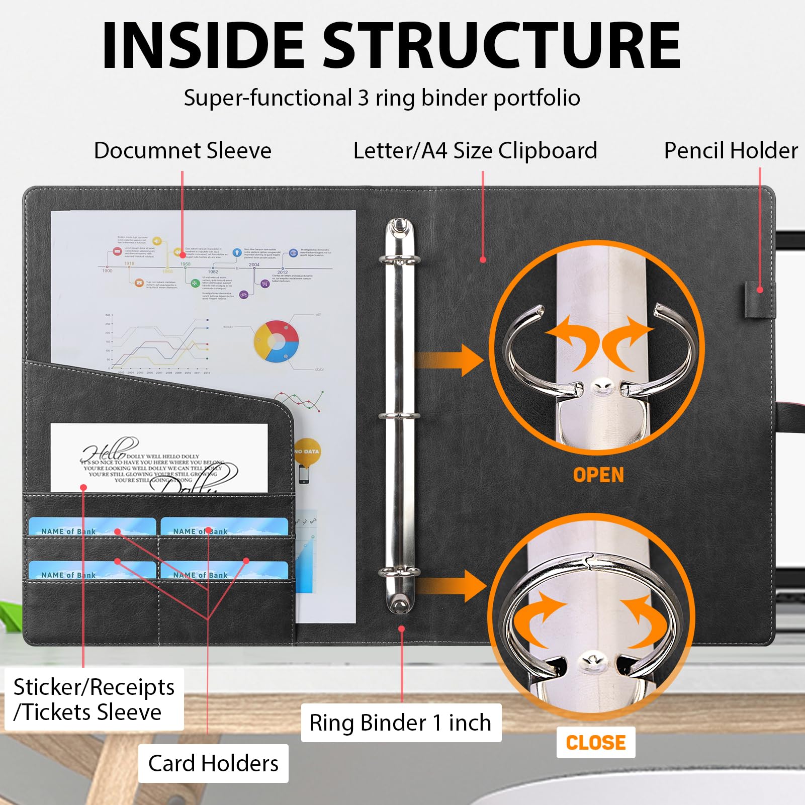 Toplive Padfolio Portfolio Folder 3 Ring Binder Business