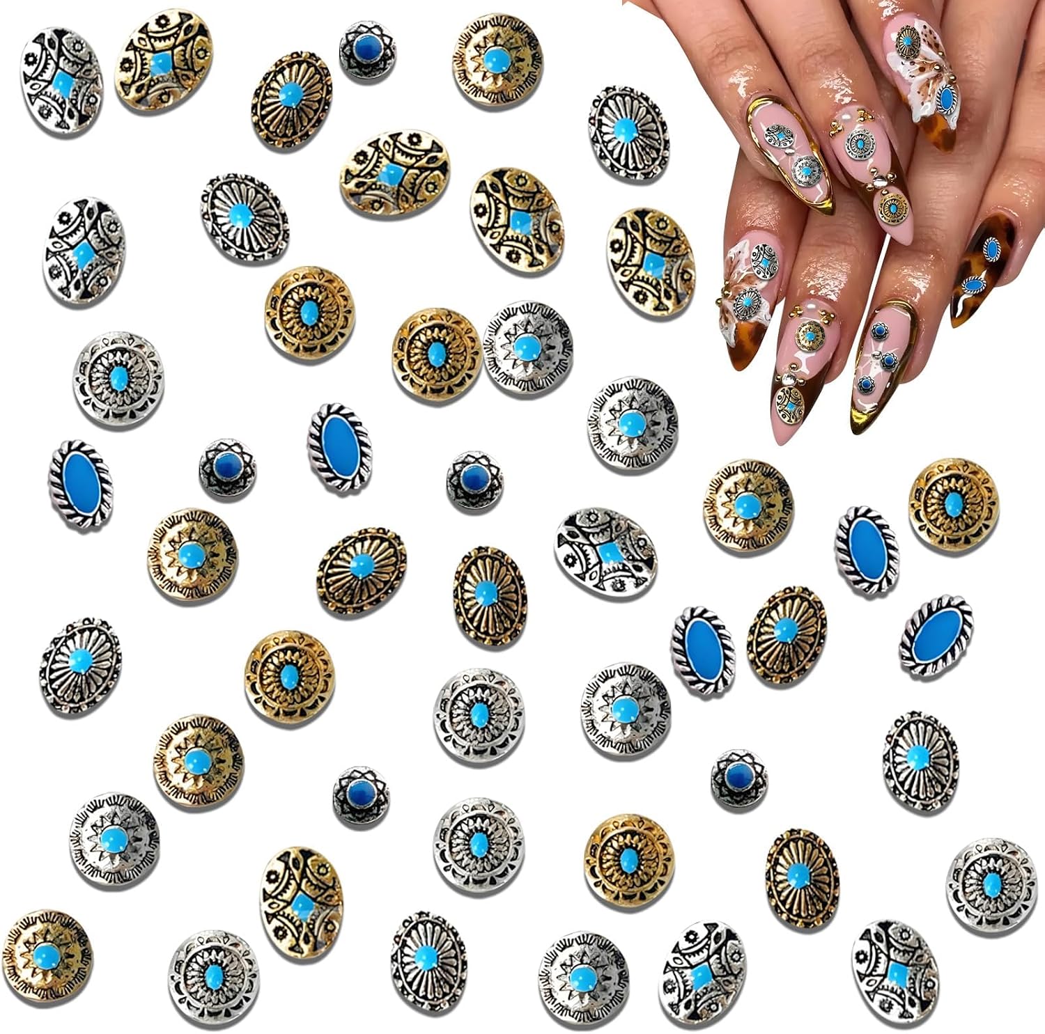 50Pcs Turquoise Nail Decoration Sheets, 3D Metallic Gems Decor for Gel Acrylic, Vintage Cowboy Nail Charms Supplies Western Ethnic Style Decoration Accessories for DIY
