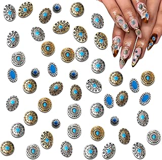50Pcs Turquoise Nail Decoration Sheets, 3D Metallic Gems Decor for Gel Acrylic, Vintage Cowboy Nail Charms Supplies Western Ethnic Style Decoration Accessories for DIY