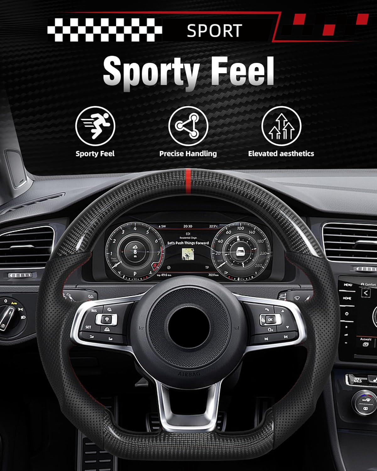 Manual Vehicles, Carbon Fiber Steering Wheel for Volkswagen Golf GTI Mk7 MK7.5 Manual 2015-2020, D-shaped Flat-bottom with Nappa Perforated Leather Steering Wheel for 15-20 Golf R-line