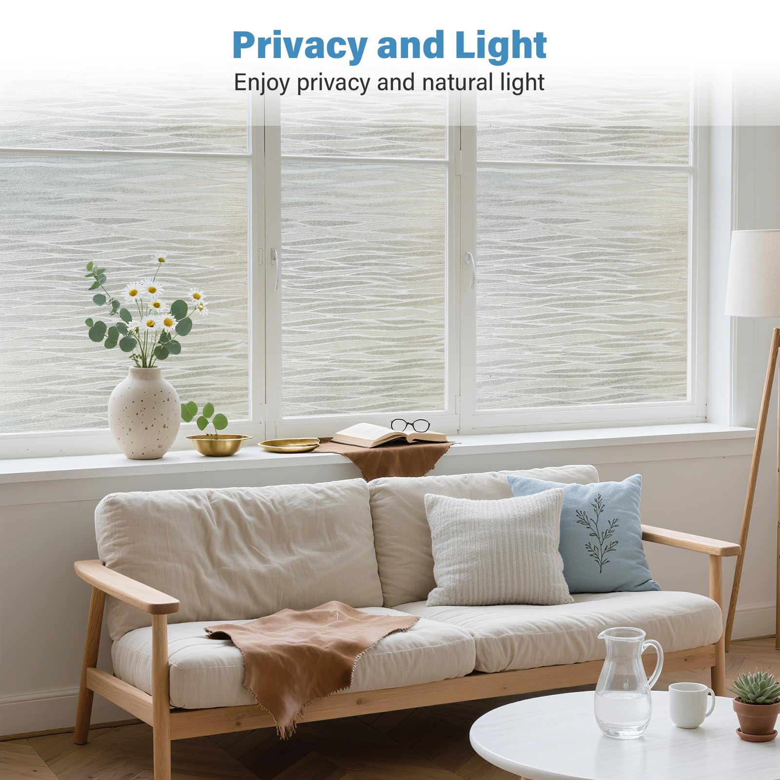 Finnez Frosted Sichtschutz-Fensterfolie, statisch haftend, nicht klebend, dekorative Abdeckung für Glastüren und Fenster, kein Kleber, entfernbare Haftungen, UV-blockierend, Wellen-Design, für Zuhause