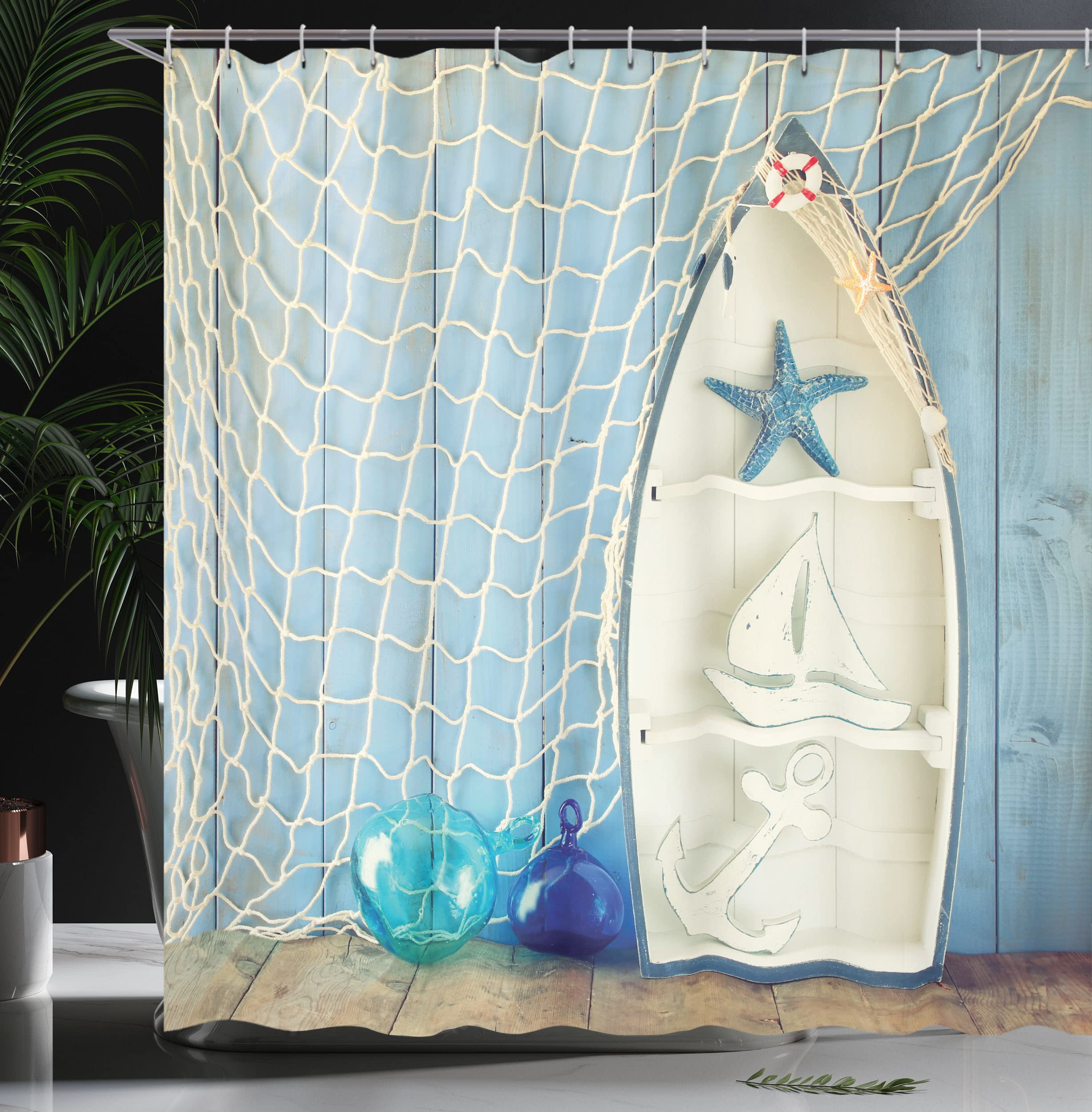 ABAKUHAUS Nautical Shower Curtain, Sea Objects on Wooden Backdrop Vintage Boat Starfish Shell Fishing Net Photo - Image 3