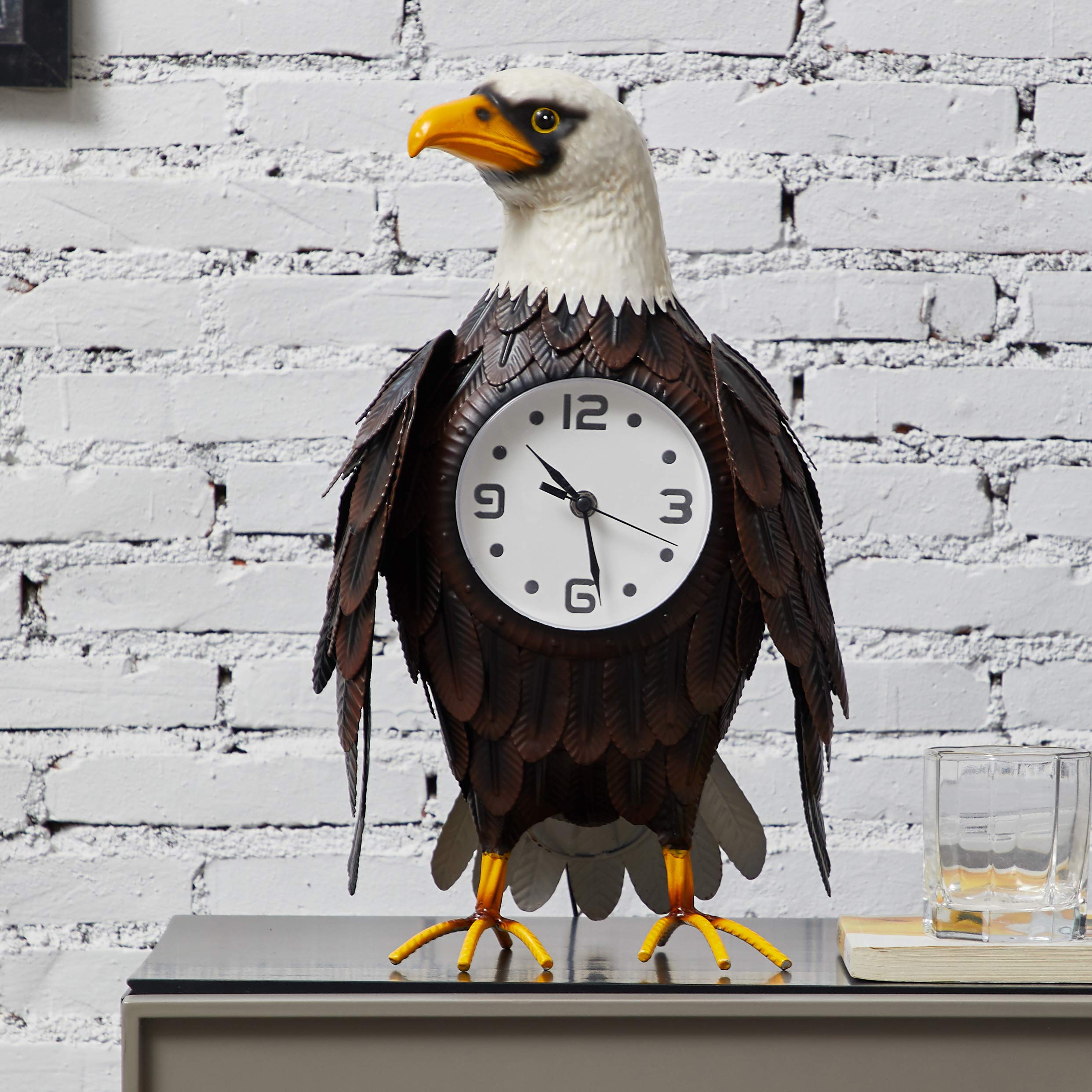 Kircust Vintage Bald Eagle Table Clock, Large Handmade Metal Animal America Eagle Statue Pendulum Deck Clock with 7 Color Lights for Living Room Bedroom Office and Home Decor, 17.3-Inch Tall
