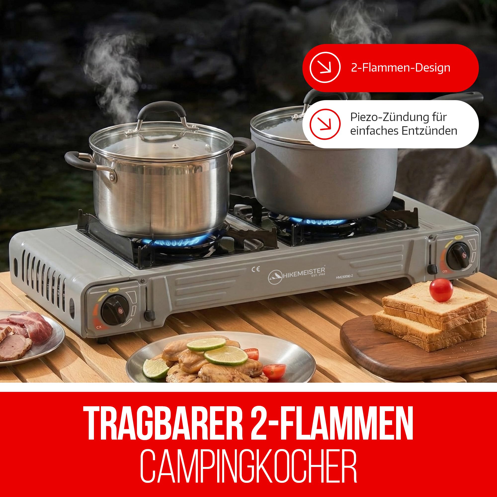 Hikemeister® Réchaud de camping à 2 feux avec plaque de cuisson et 12 cartouches de gaz - Réchaud à gaz portable 2 x 2,2 kW avec mallette de transport - Cuisinière à gaz d'extérieur pour camping