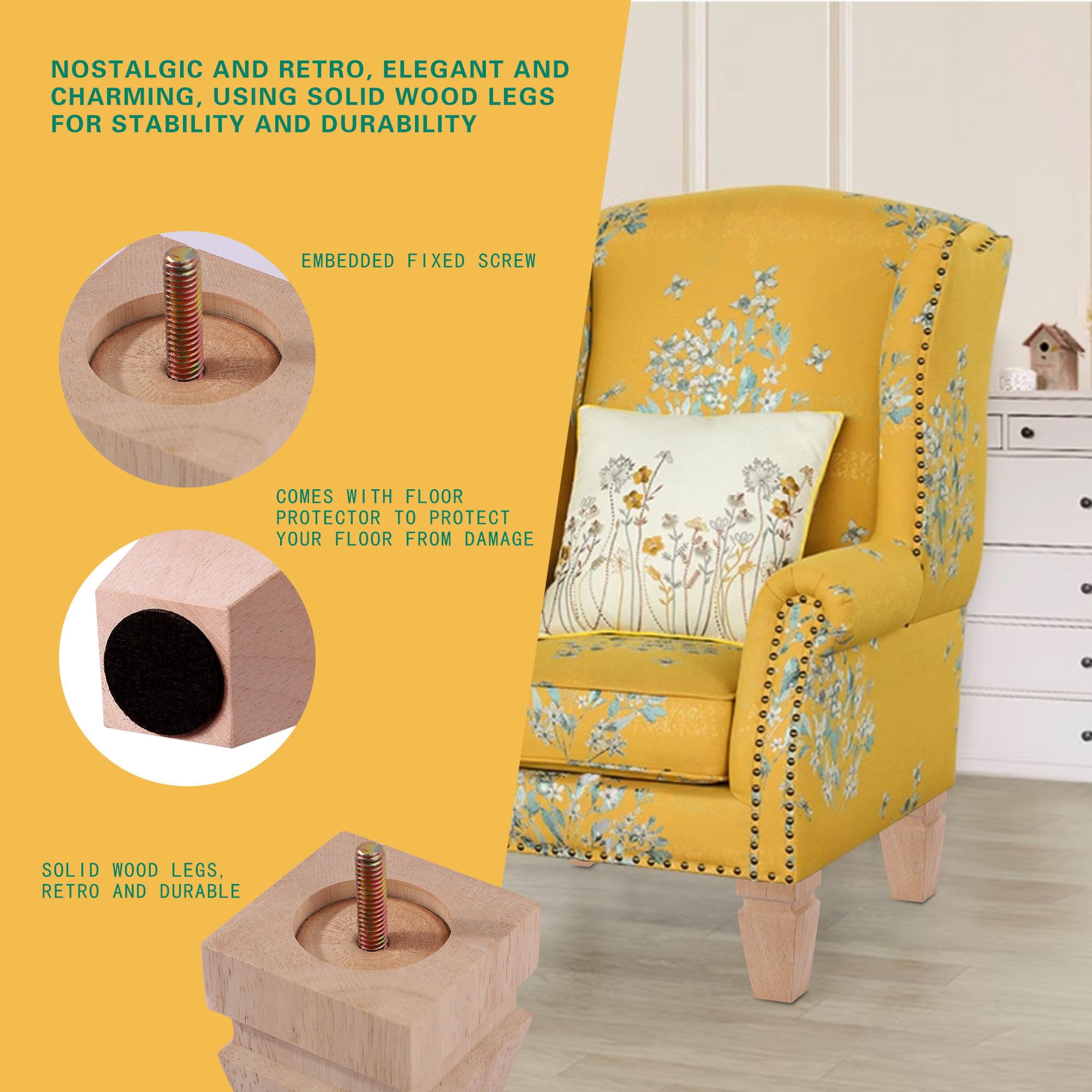 Set Of 4 Solid Hardwood Furniture Legs – 4 Inch Sofa/Cabinet Replacement Feet With Felt Pads - View #3