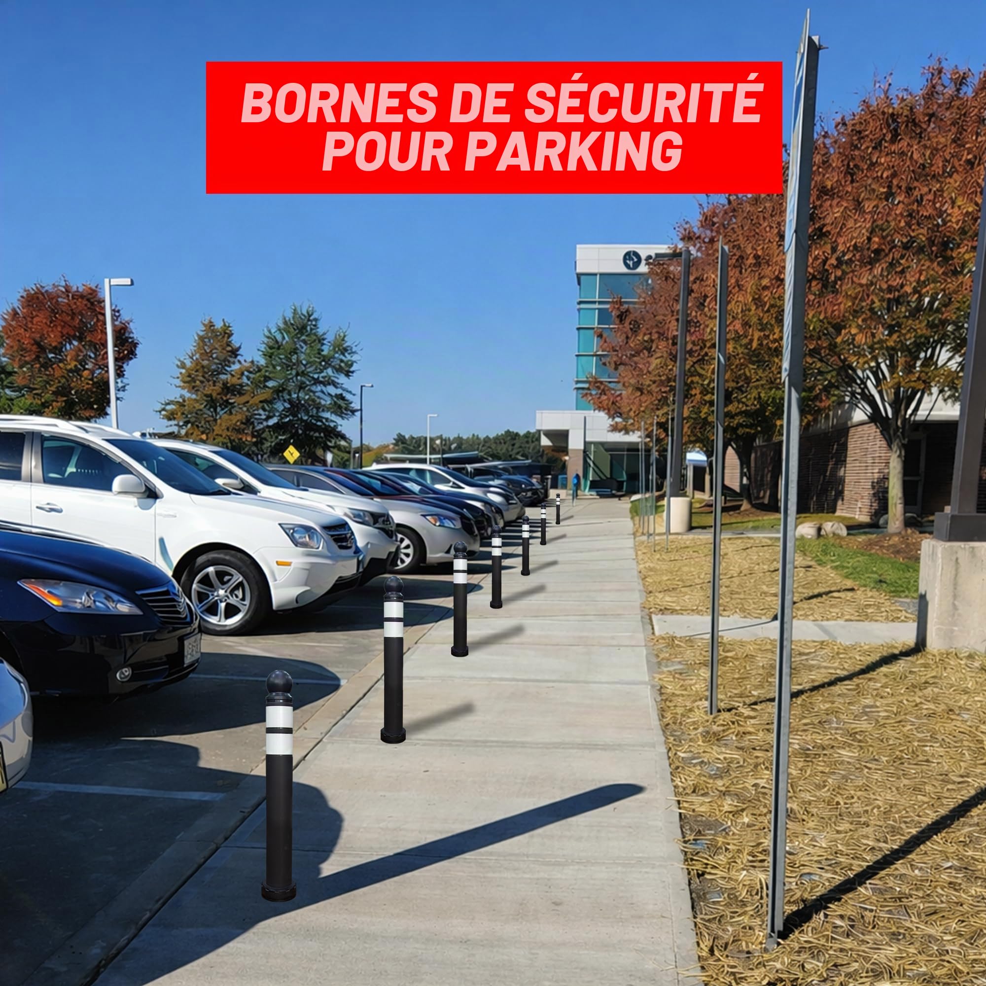 Délimiteur de circulation anti-stationnement de 68 cm | Barrière de sécurité réfléchissante noire avec tête sphérique | Poteau de refuge flexible en TPU avec base démontable, vis et ancrages pour