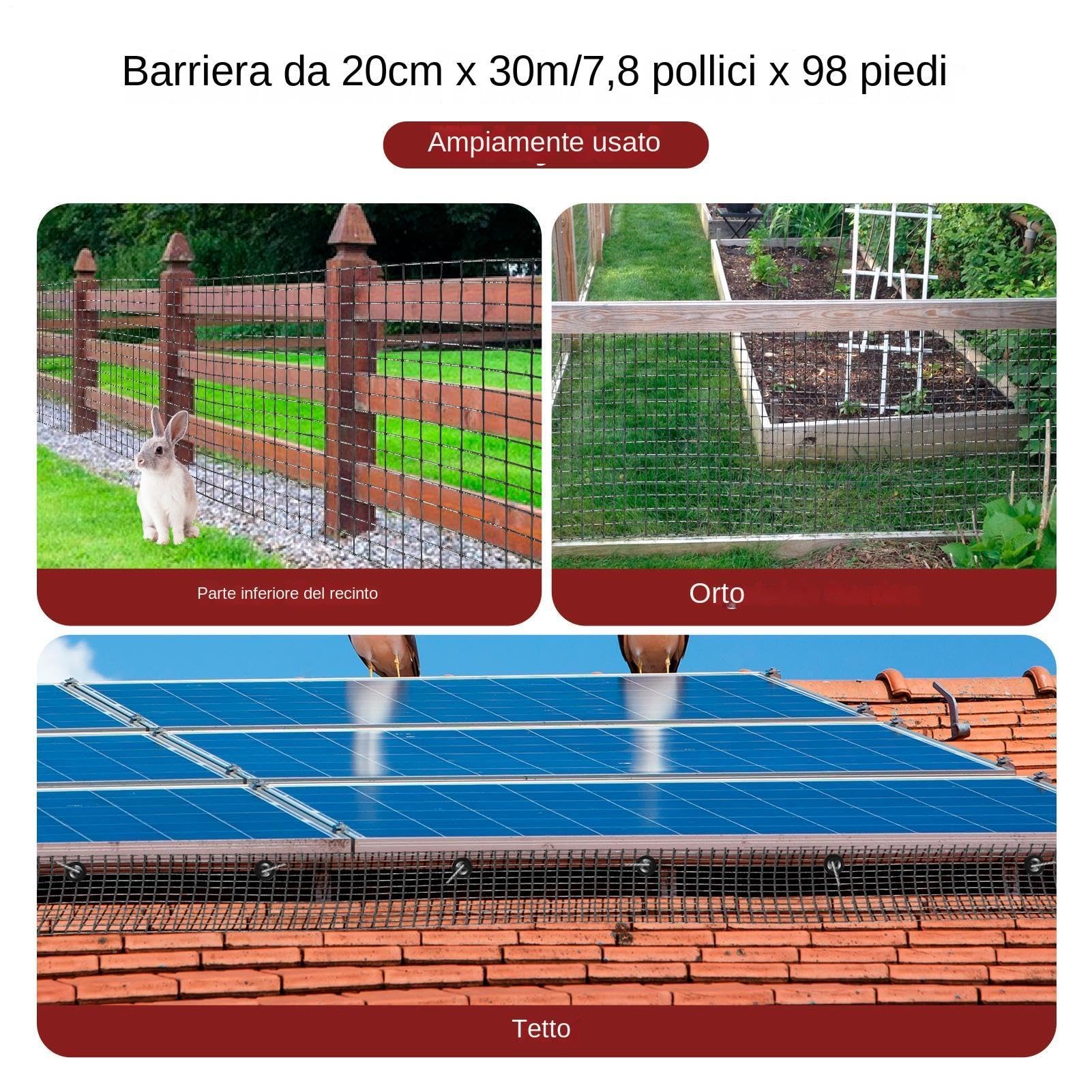 Rete anti piccioni per fotovoltaico 20 cm x 30 m kit protezione pannelli solaris con 100 ganci installazione senza fori anti uccellis 1 mm Diametro del filo