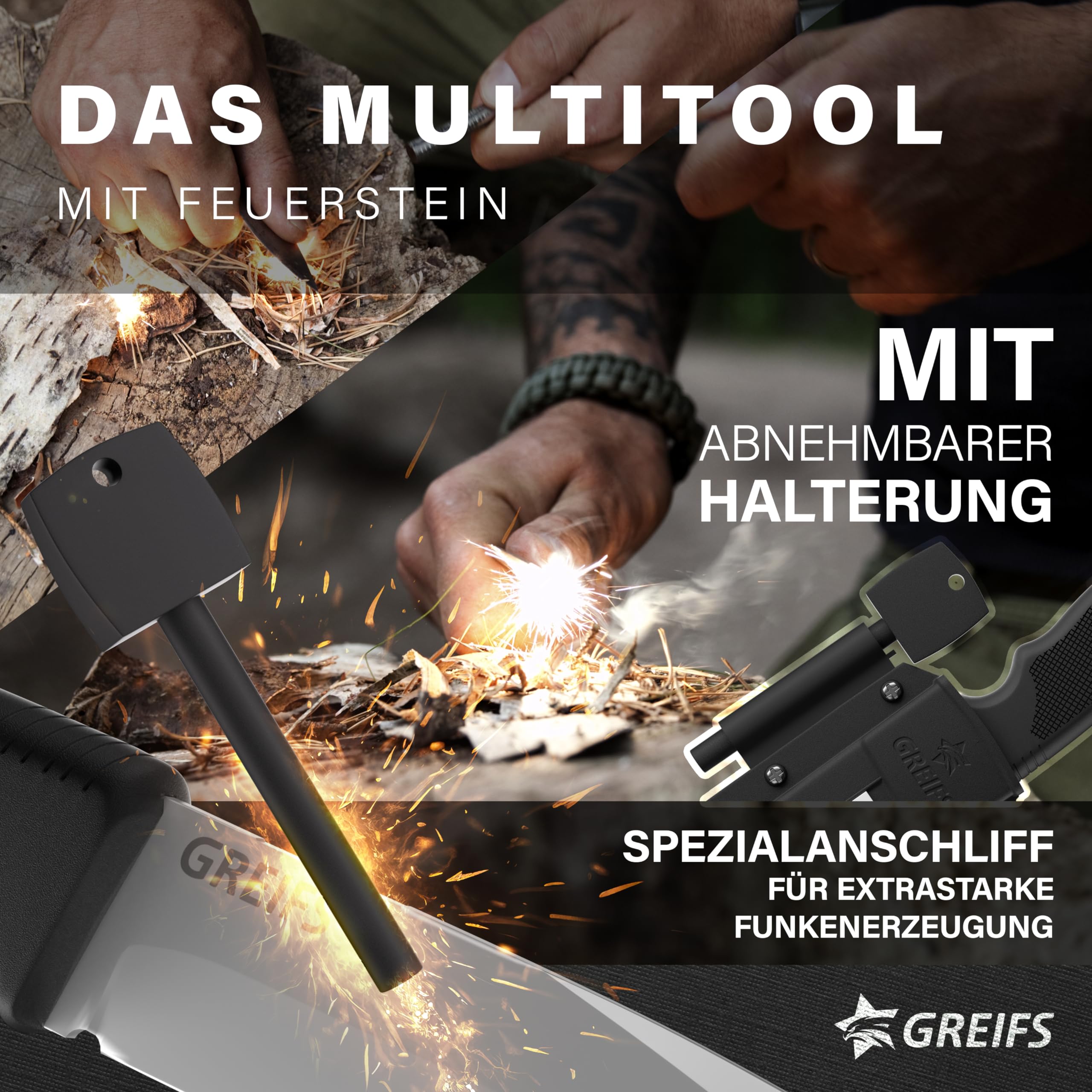 GREIFS® Outdoor-Messer G-Serie aus 440C Stahl mit Holster & Dangler, edles Survival Messer für die Bushcraft Ausrüstung, Jagdmesser, Schnitzmesser, Angelmesser (G7/Silber)