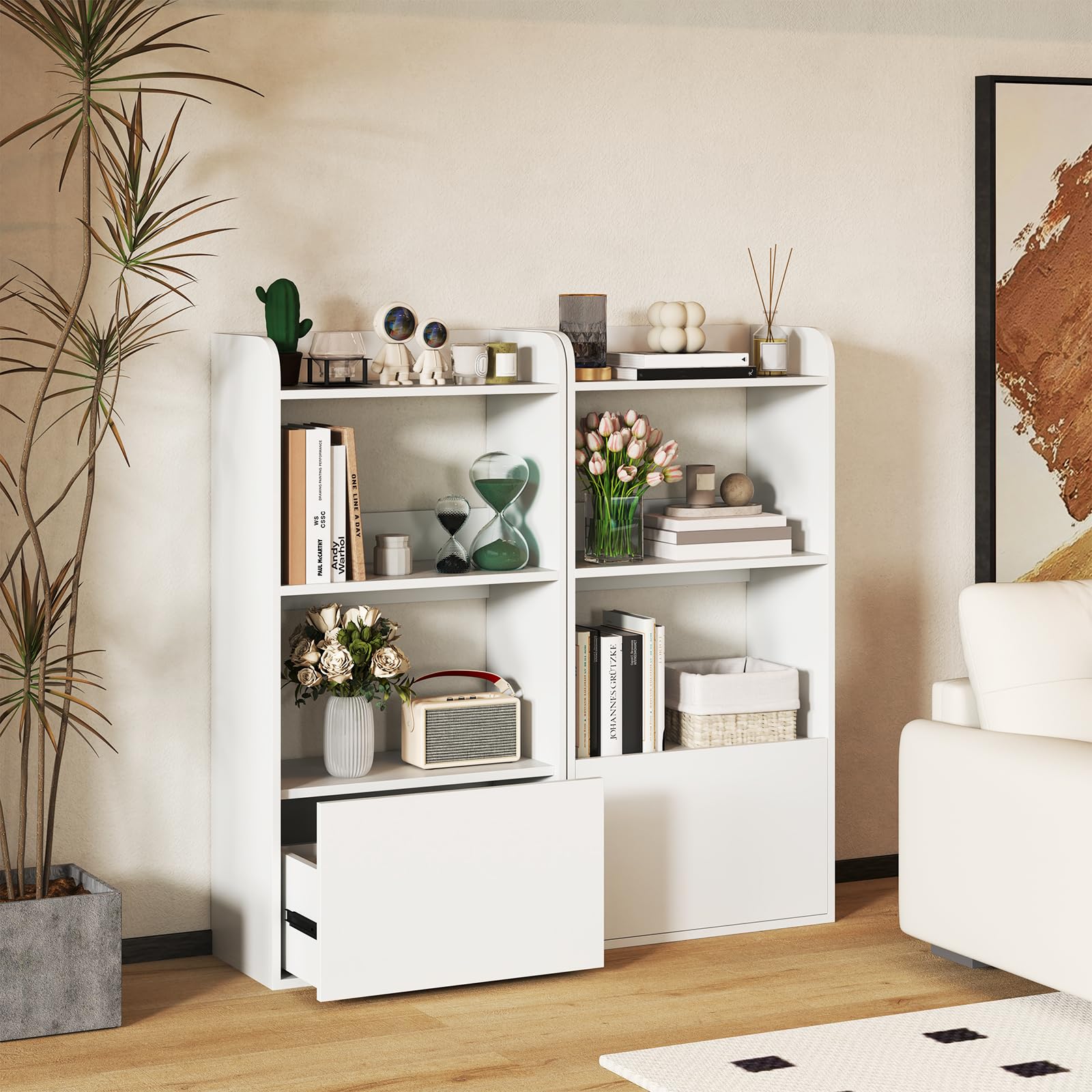 HOMASIS Bücherregal mit 3 Ebenen & Schubladen, Standregal aus Holz, offenes stehendes Regal, Bücherschrank Aktenregal Aufbewahrungsregal Anti-Kipp für Wohnzimmer Büro Küche, 55 x 29 x 105 cm (Weiß)