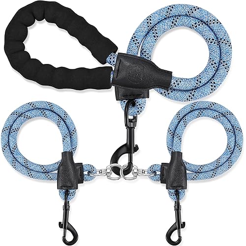 Double Dog Leash for Two Dogs, 360° Swivel, No Tangle, Walking Leash with Reflective Strips for Small Medium and Large Dogs