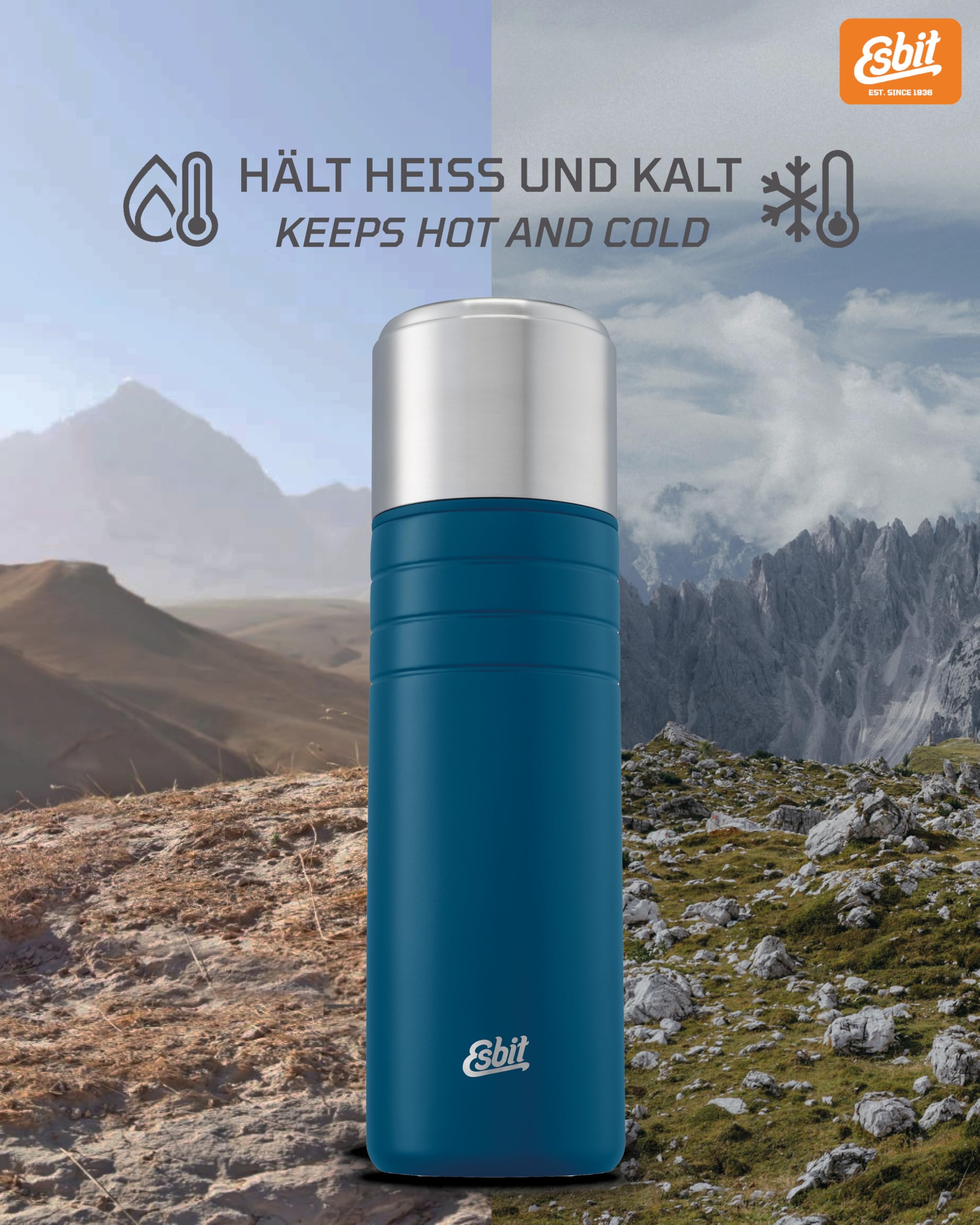 Esbit Isolierflasche Majoris mit Becher - Trinkflasche 1000 ml aus Edelstahl in Polar Blue - für warme und kalte Getränke