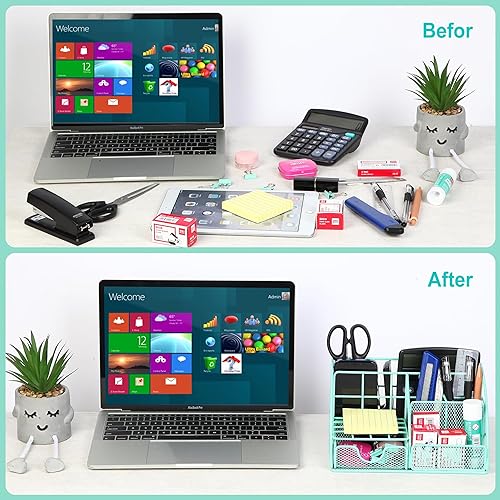 Miniatura 7 de KAAKOW Organizador de escritorio verde y accesorios de oficina, juego de grapadora, soporte para bolígrafo, soporte para teléfono, tijeras,