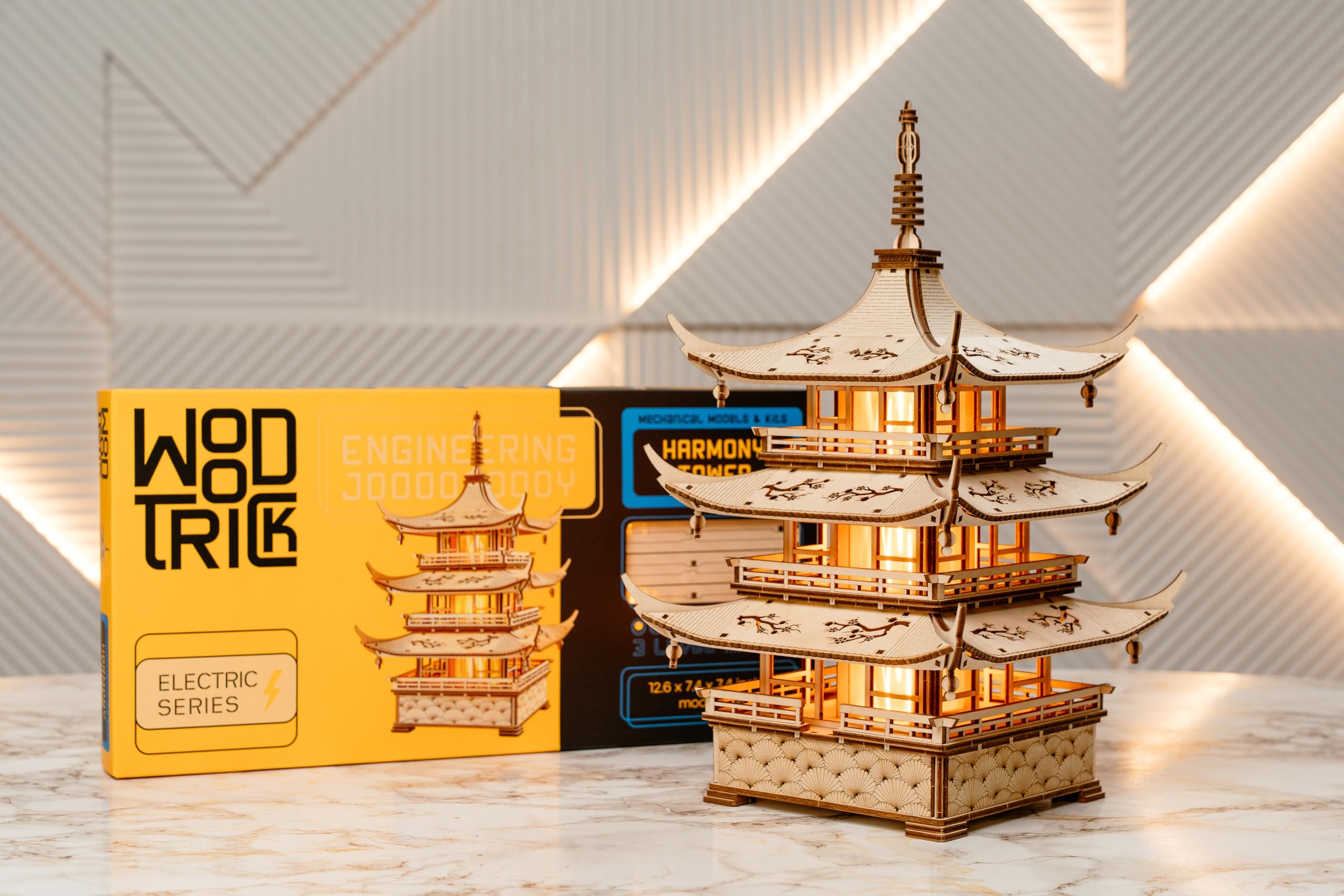 Wood Trick Harmony Tower Pagode LED 3D Holzpuzzles für Erwachsene zum Bauen - Zarte Gravuren - 2-Modus Beleuchtung - Engineering DIY Projekt Mechanische 3D Puzzle Modellbausätze für Erwachsene
