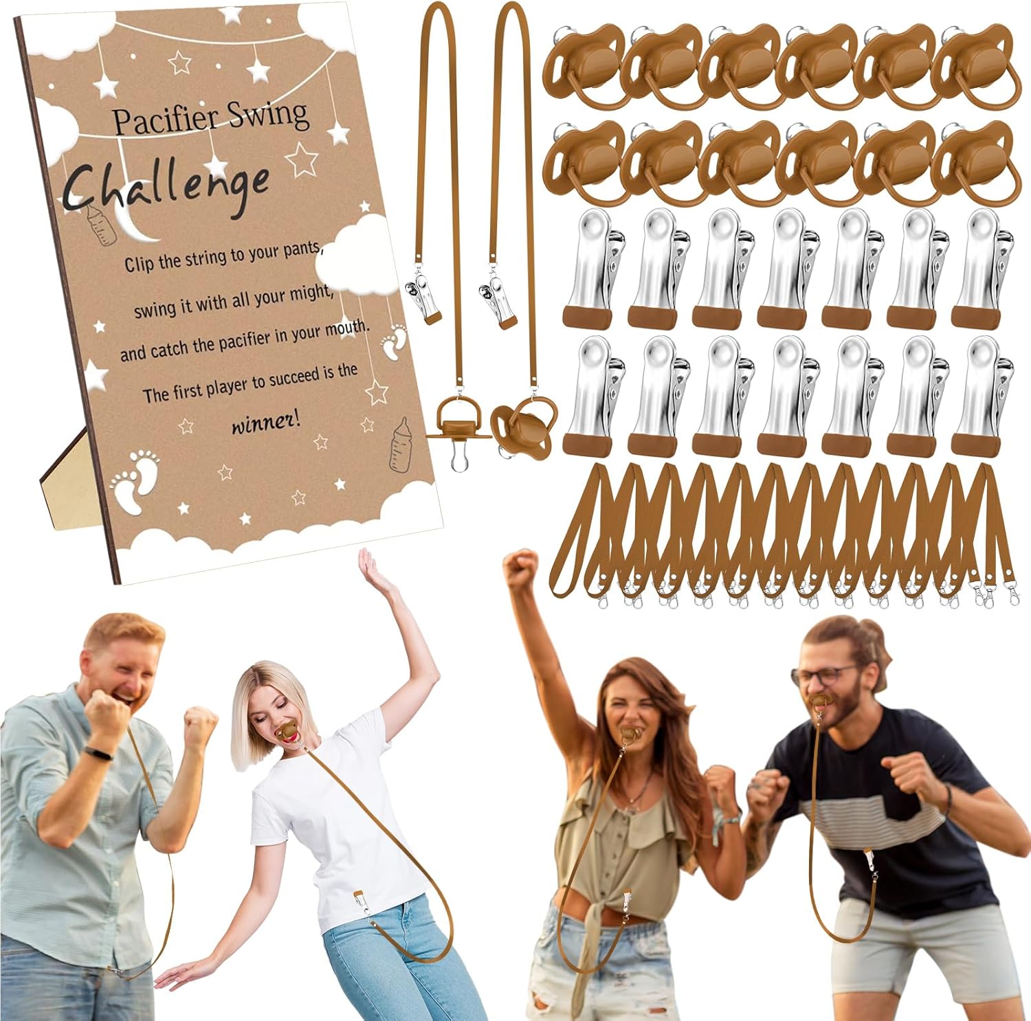 Geelin 12 Sets Swing Pacifier Baby Shower Games Funny Gender Reveal Games, Include 1 Wooden Sign and 12 Plastic Pacifiers for Bridal Baby Shower Gender Reveal Party Women Men(Star,Brown)