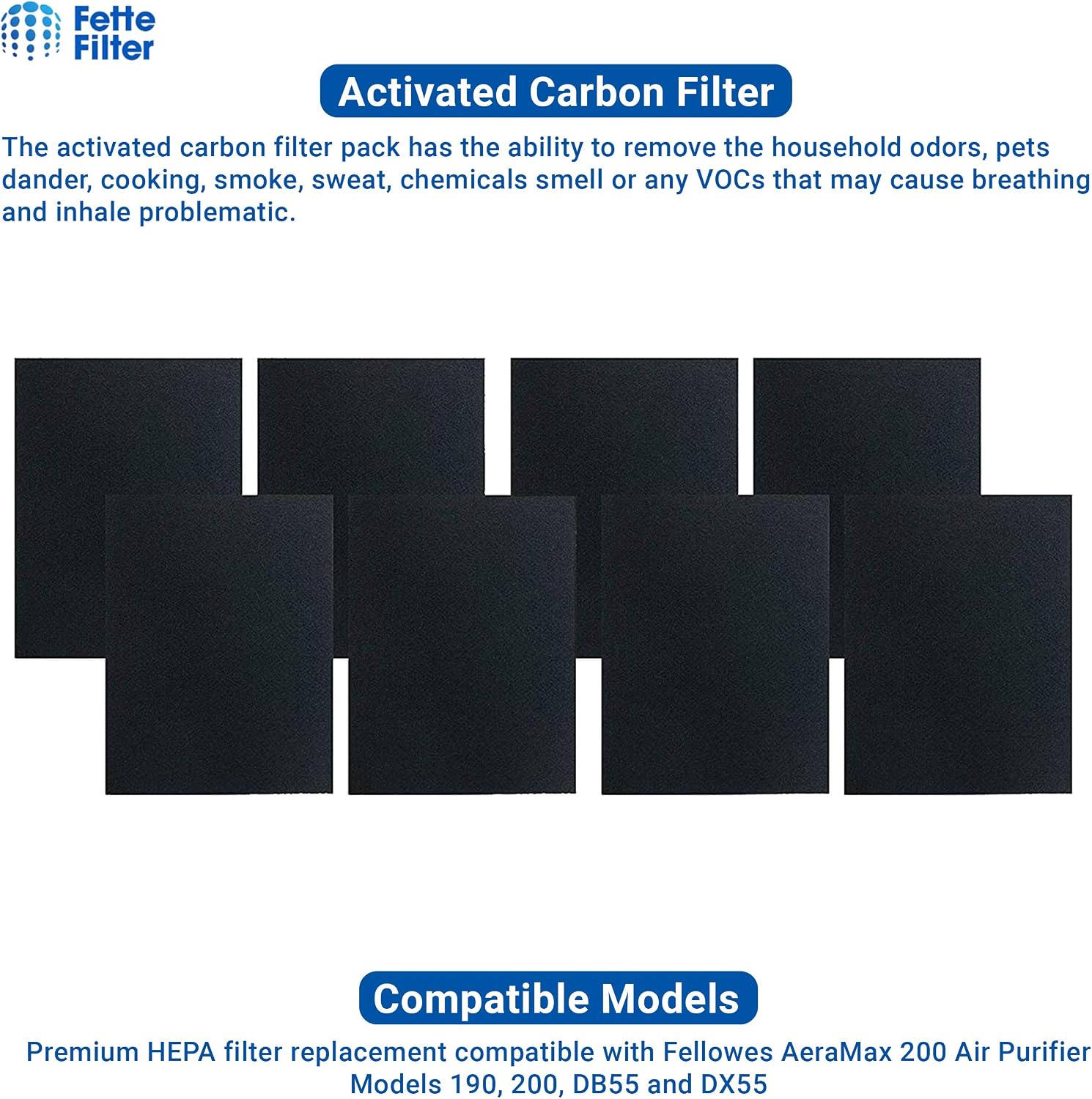 Fette Filter -Premium True Hepa H13 Filter Replacement Compatible with Fellowes AeraMax 190/200/DX55 Air Cleaner Purifiers Part # 9287101 9324101 (2-Hepa + 8 Carbon Filters)