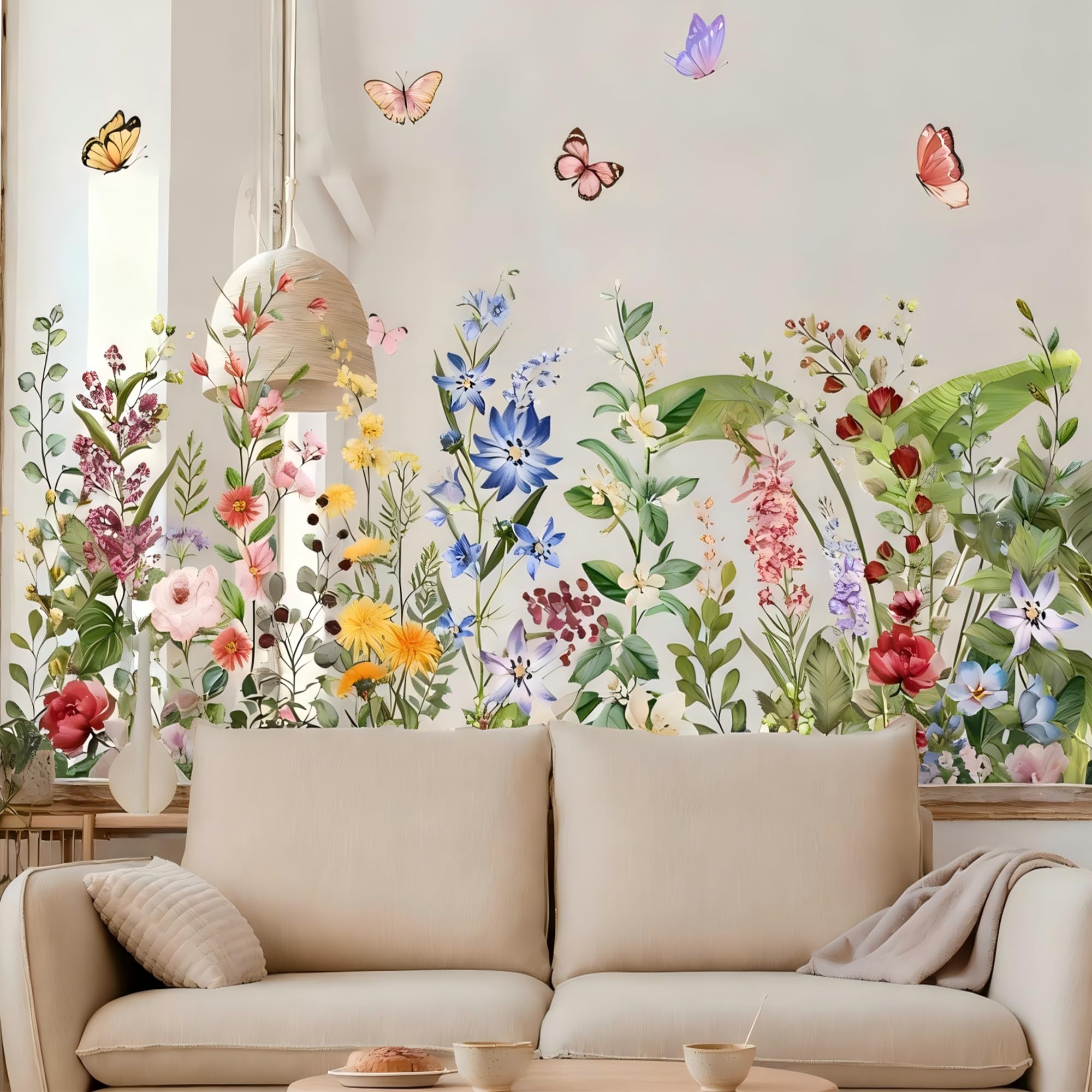 DWUENT Floral Butterfly Wall Stickers, Static Cling Wall Decals, Reusable Peel and Stick Wall Art for Home Decor, 2-Pack 30x60cm Large Wall Decals for Living Room, Bedroom, Nursery