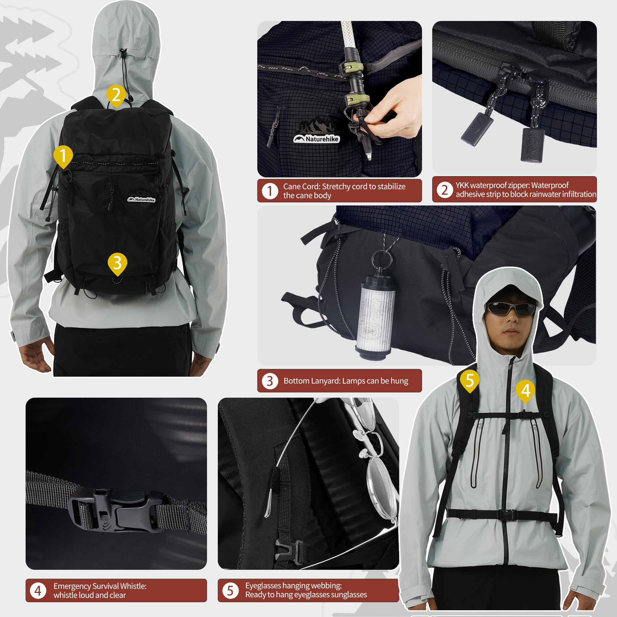 Naturehike Lekki plecak turystyczny 25/35 l, wielofunkcyjny, regulowany pasek na klatkę piersiową, wiele przegródek, trwały plecak podróżny dla mężczyzn i kobiet, Czarny
