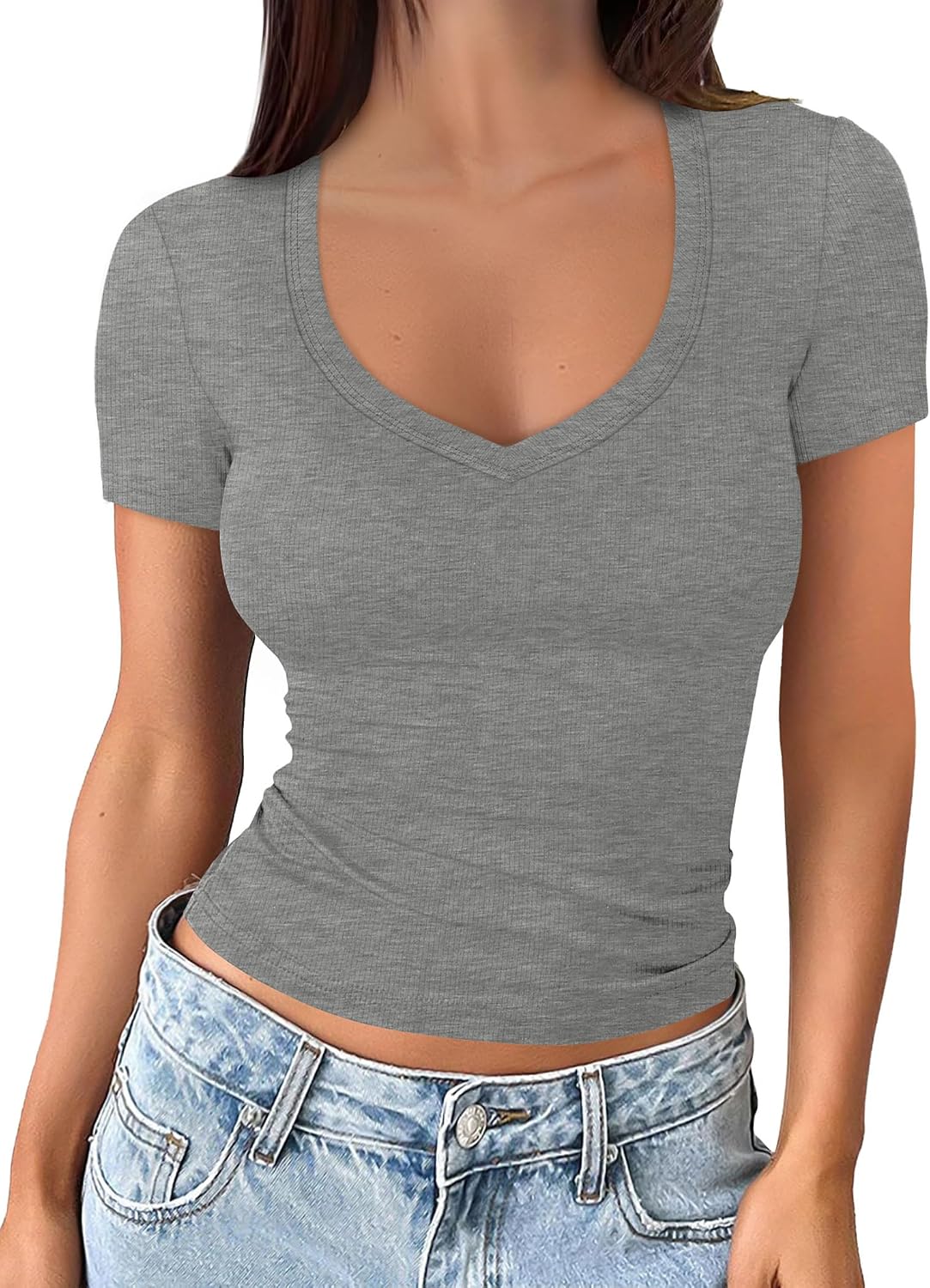 Sampeel Short Sleeve Shirts for Women V Neck Summer Ribbed Tshirts 2026 Slim Fit Spring Fashion Going Out Basic Tees image 2