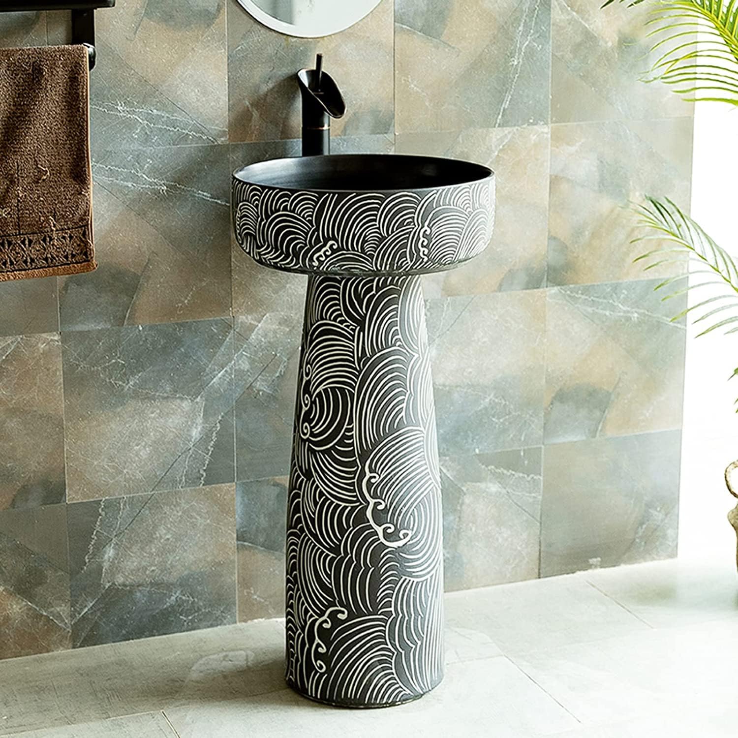 Ceramic Sink Outdoor Style, Retro Art Painted Column Basin in Courtyard Balcony, Floor-Standing Home Washbasin with Faucet and Drain Com(BasinSink) (PedestalBasinSink)