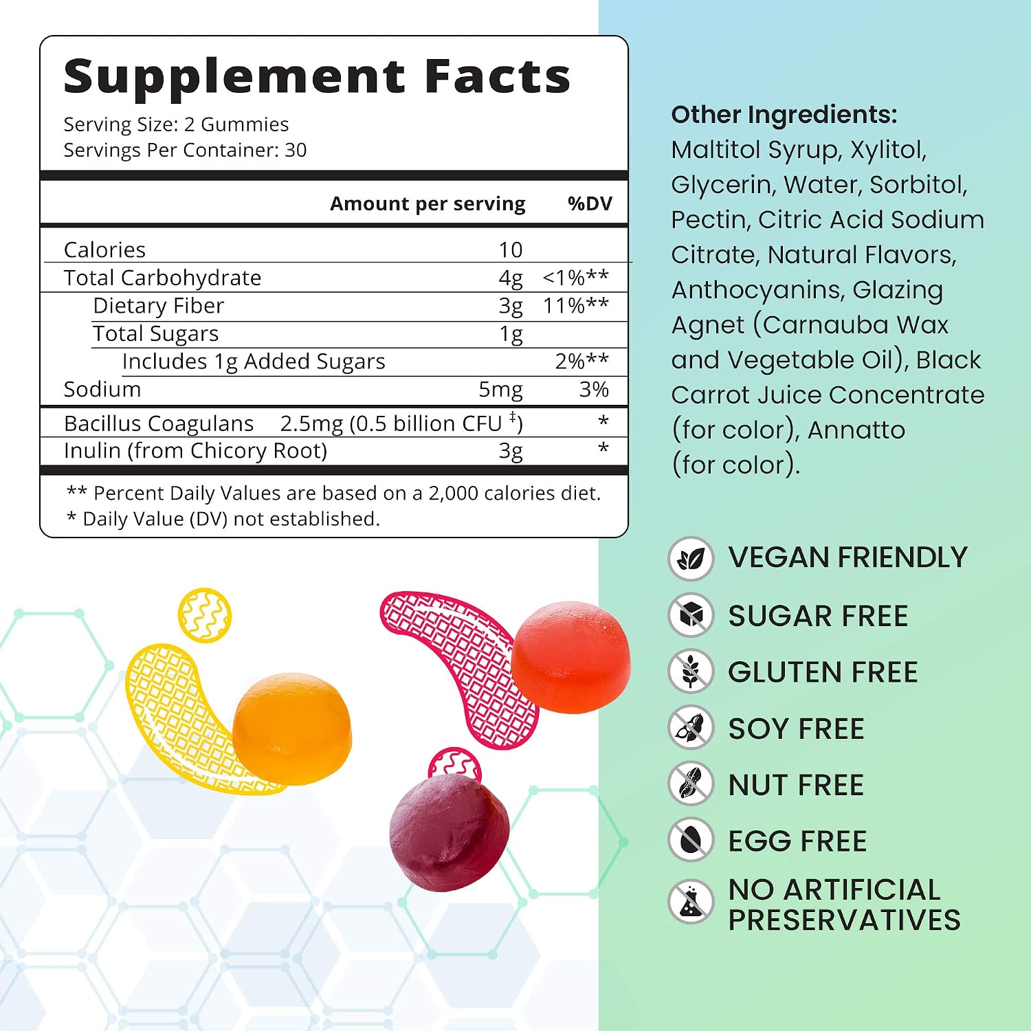 Probiotic + Prebiotic Fiber Gummies Sweetened with Stevia and Tapioca, Suitable for Kids & Adults - Image 3