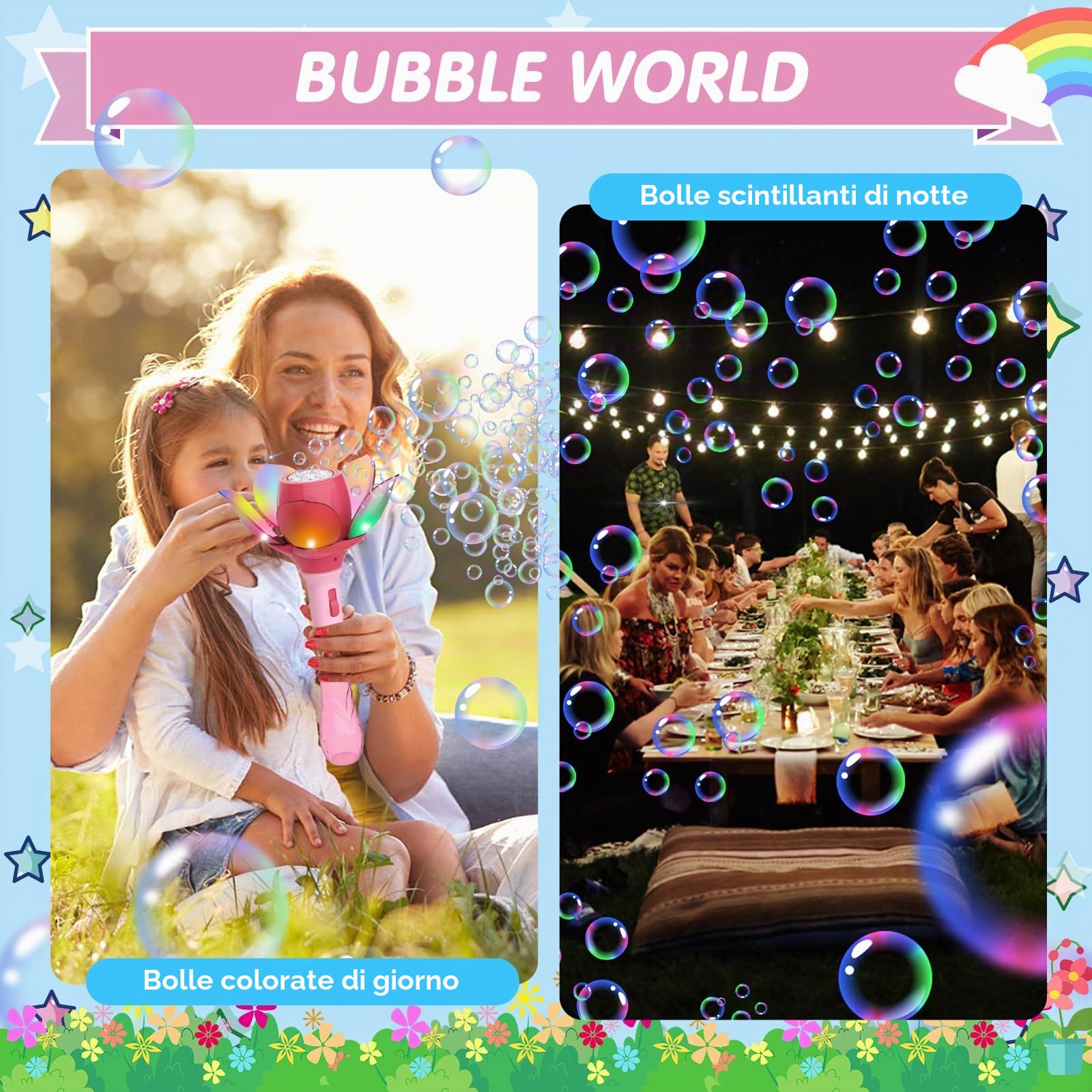Fiore di Loto Pistola a Bolle, Pistola Bolle di Sapone Bambini 10000+ Bolle/Minuto, Sparabolle di Sapone Bambini Automatico con 120ml Soluzione di Bolla e 8x 10ml Bolla Bottiglia di Ricarica