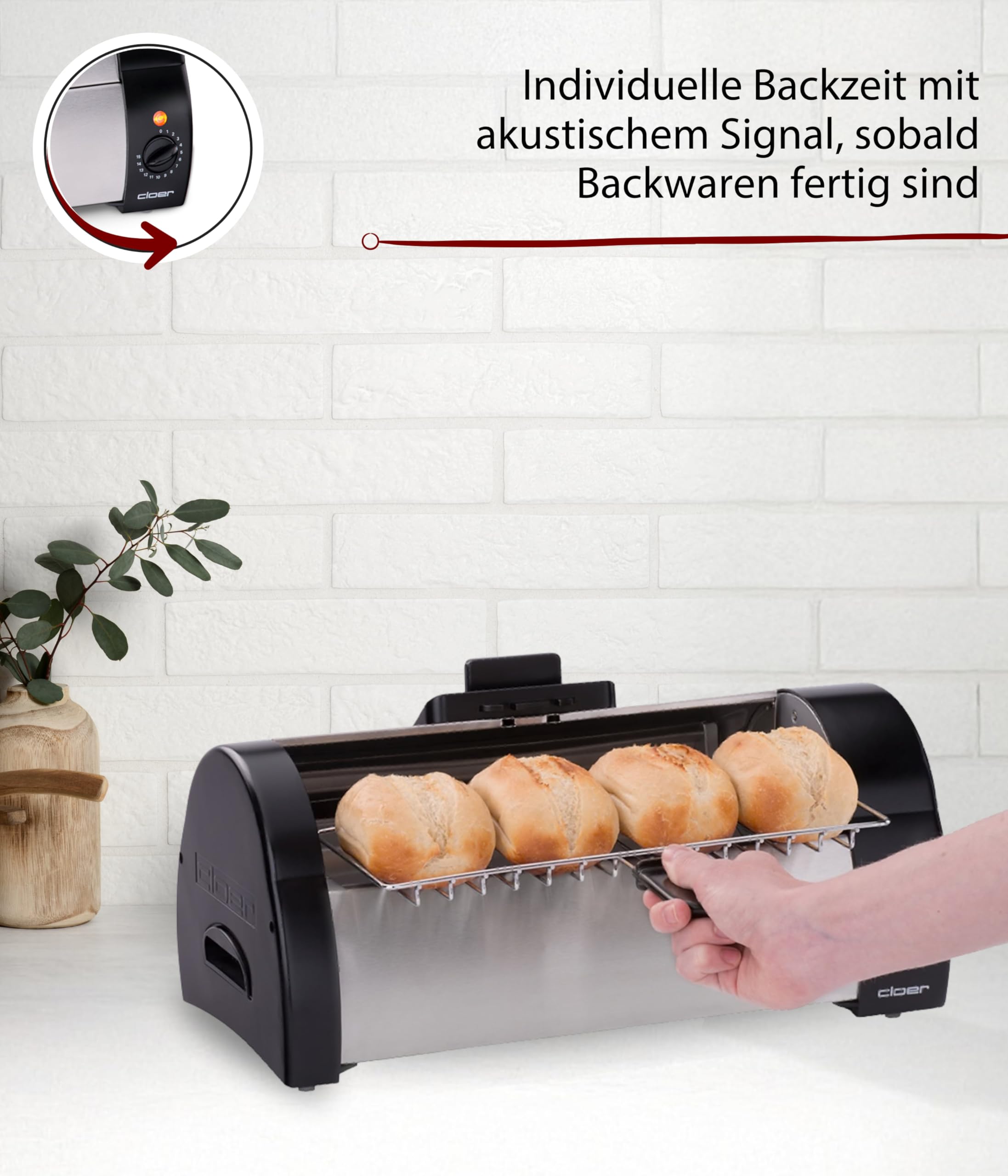 Cloer 3080 Brötchenbäcker zum Aufbacken von Brötchen, Kuchen oder Hefeteilchen 570 W, mattiertes Edelstahlgehäuse