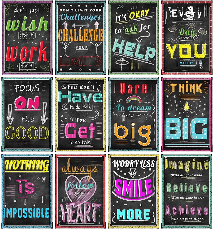 24 Pack Motivational Posters for Middle and High School Classroom & Office Decorations, Inspirational Quote, Growth Mindset Wall Art for Teachers, Students, School,Chalkboard Designs,17.2 x 12 Inches