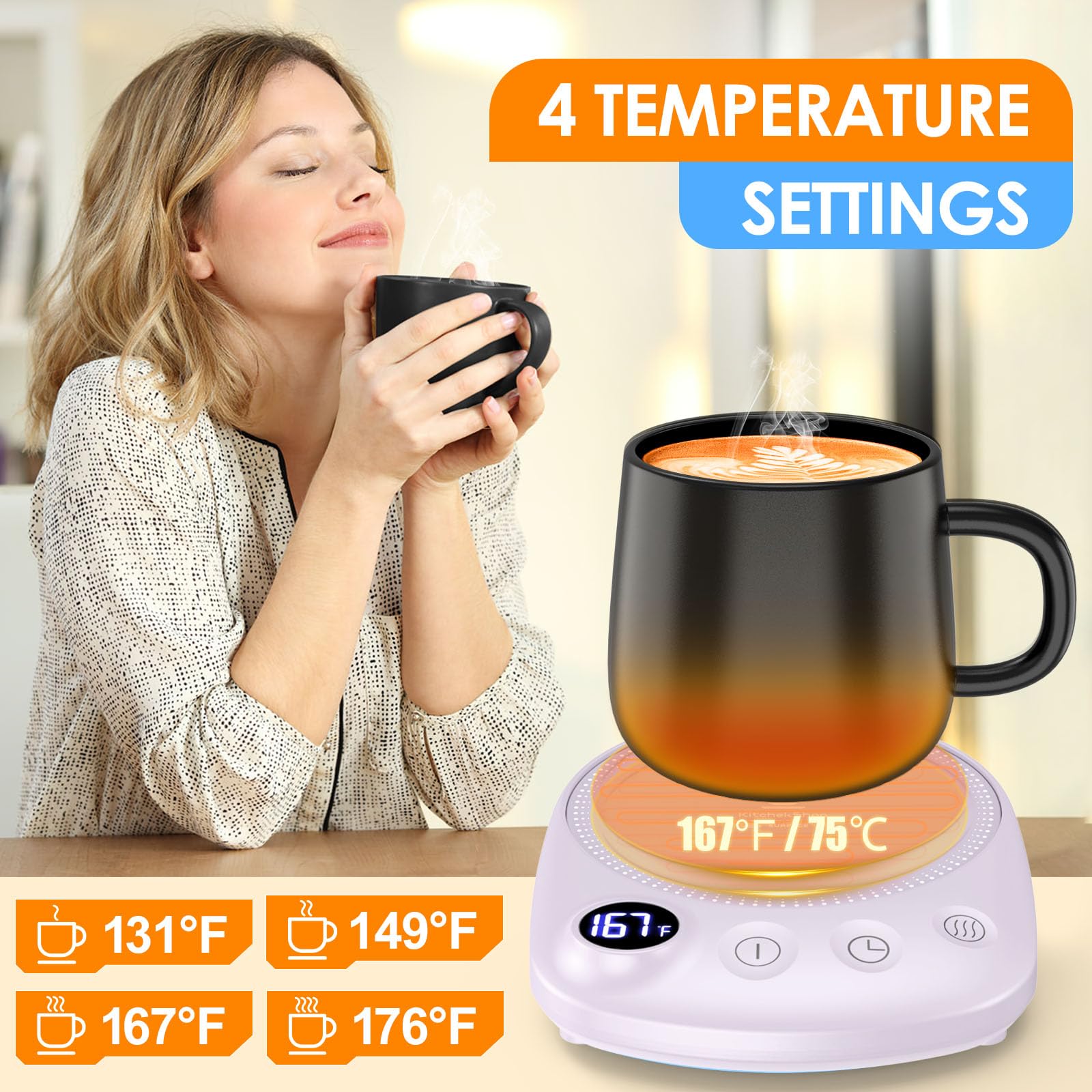 Chauffe-tasse à café, chauffage plus rapide et température plus élevée, chauffage de tasse à café pour ordinateur, arrêt automatique, 4 réglages de température et 1 minuteur