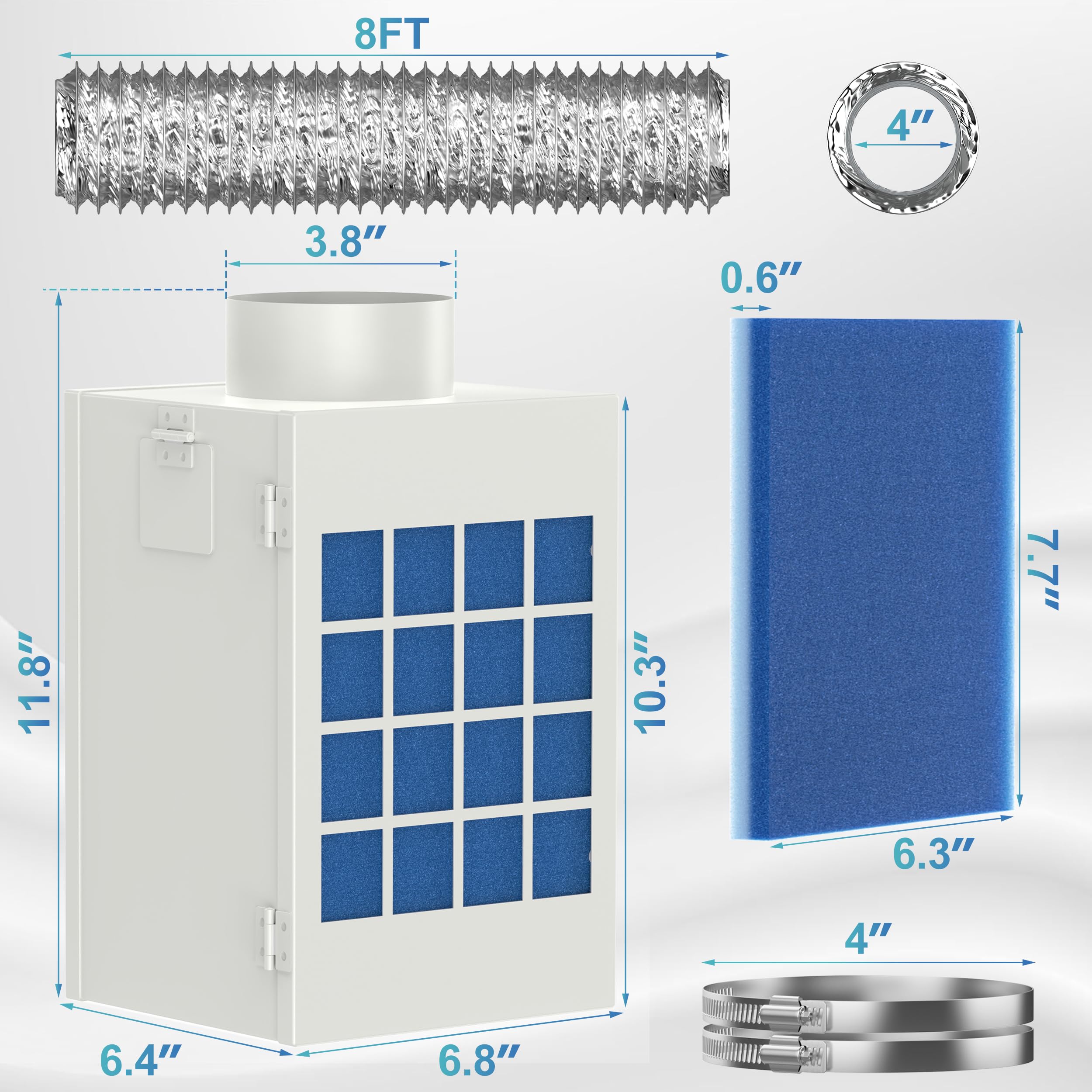HOOMESUN All-in-One Entlüftung für den Innenbereich, Edelstahl-Siebfilter, komplettes Trocknerentlüftungs-Set für elektrischen Trockner, mit 4 Polyester-Filtern, 2 Schlauchschellen, 10,2 cm, 2,4 m