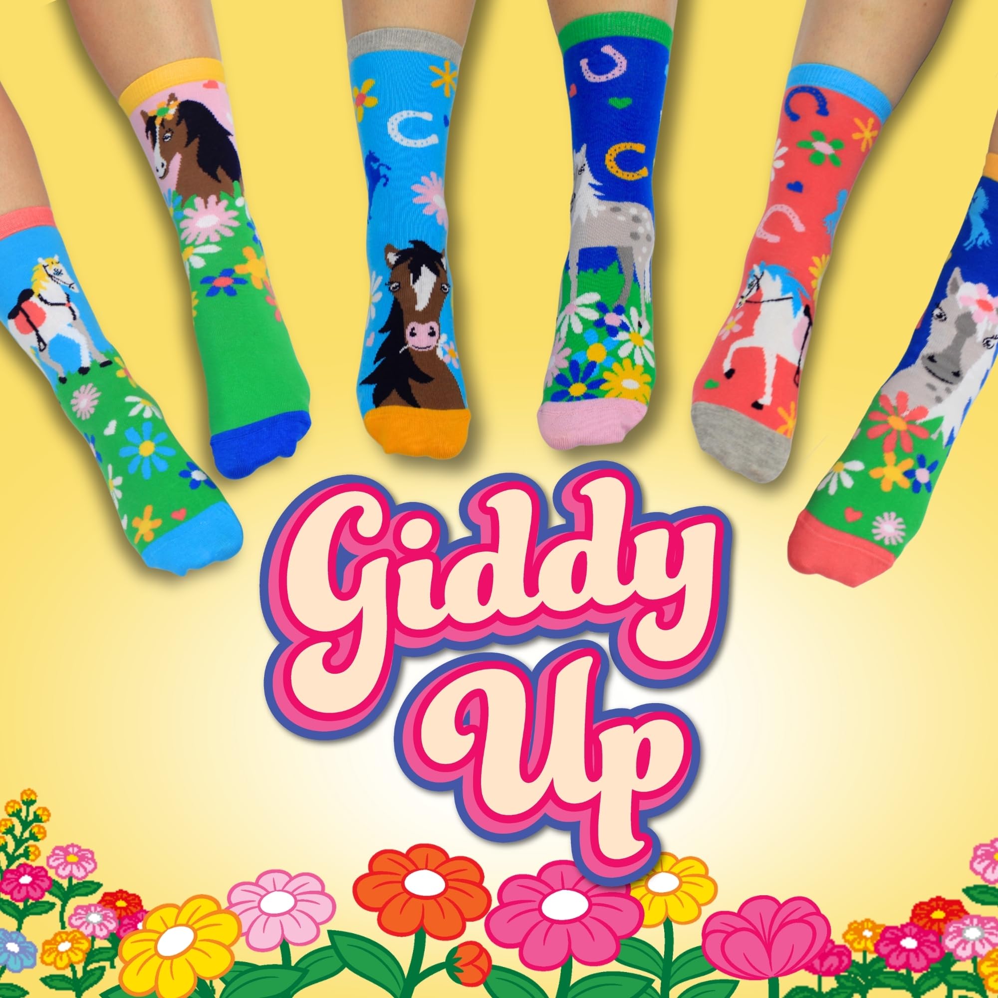 United Oddsocks Giddy Up Box of 6 Horsey Oddsocks For Girls UK 12-5.5 EUR 30.5-38.5