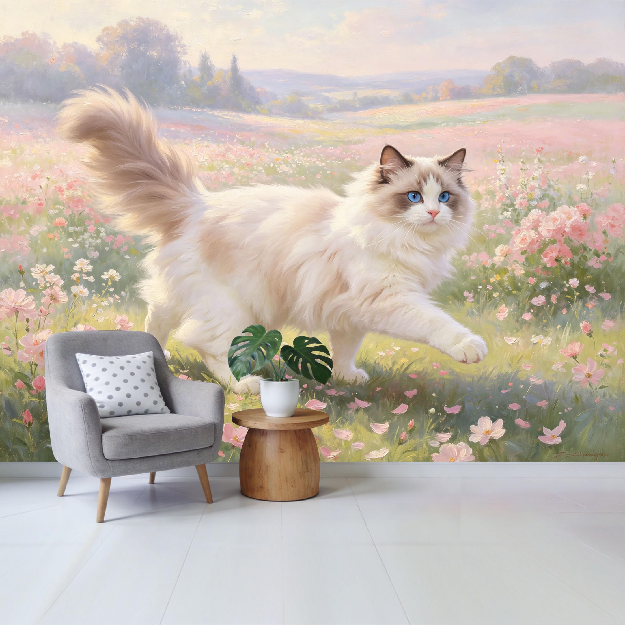Qzlithotic Yq2605250512 Custom Size Wall Mural Ragdoll Cat Walking In Pastel Wildflower Meadow Oil Painting Style Selfadhesive Wall Fabric Removable Wallpaper For Home Office Decor