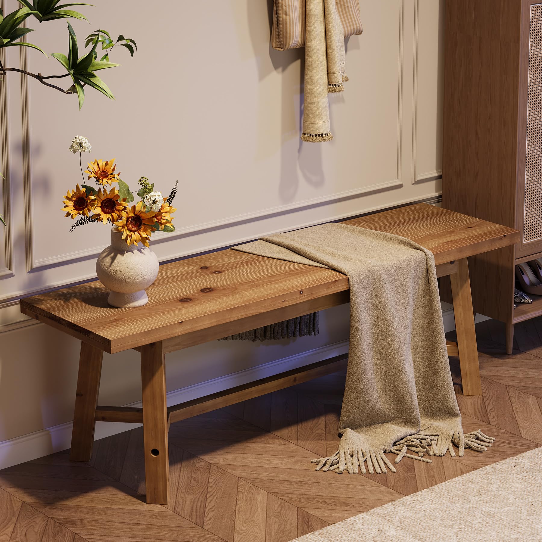 55" Solid Wood Bench, Farmhouse Bench Seat for Entryway | 55" L x 13.8" D Dining Bench, 400 Lb Capacity, Wooden Bench for Dining Room, Bedroom, End of Bed Bench, Easy Assembly, Wood