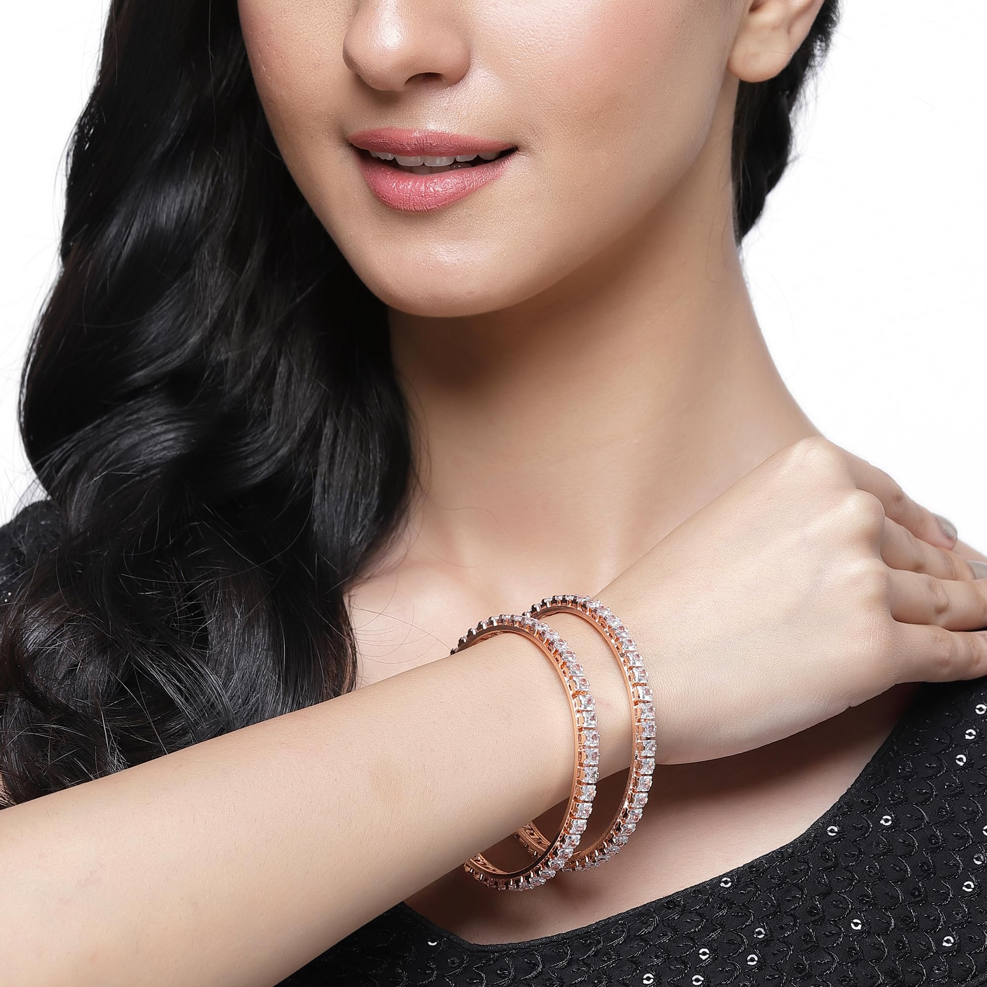 Rose Gold-Plated Artificial Stones Bangles (Set of 2, 2.4 Inches)