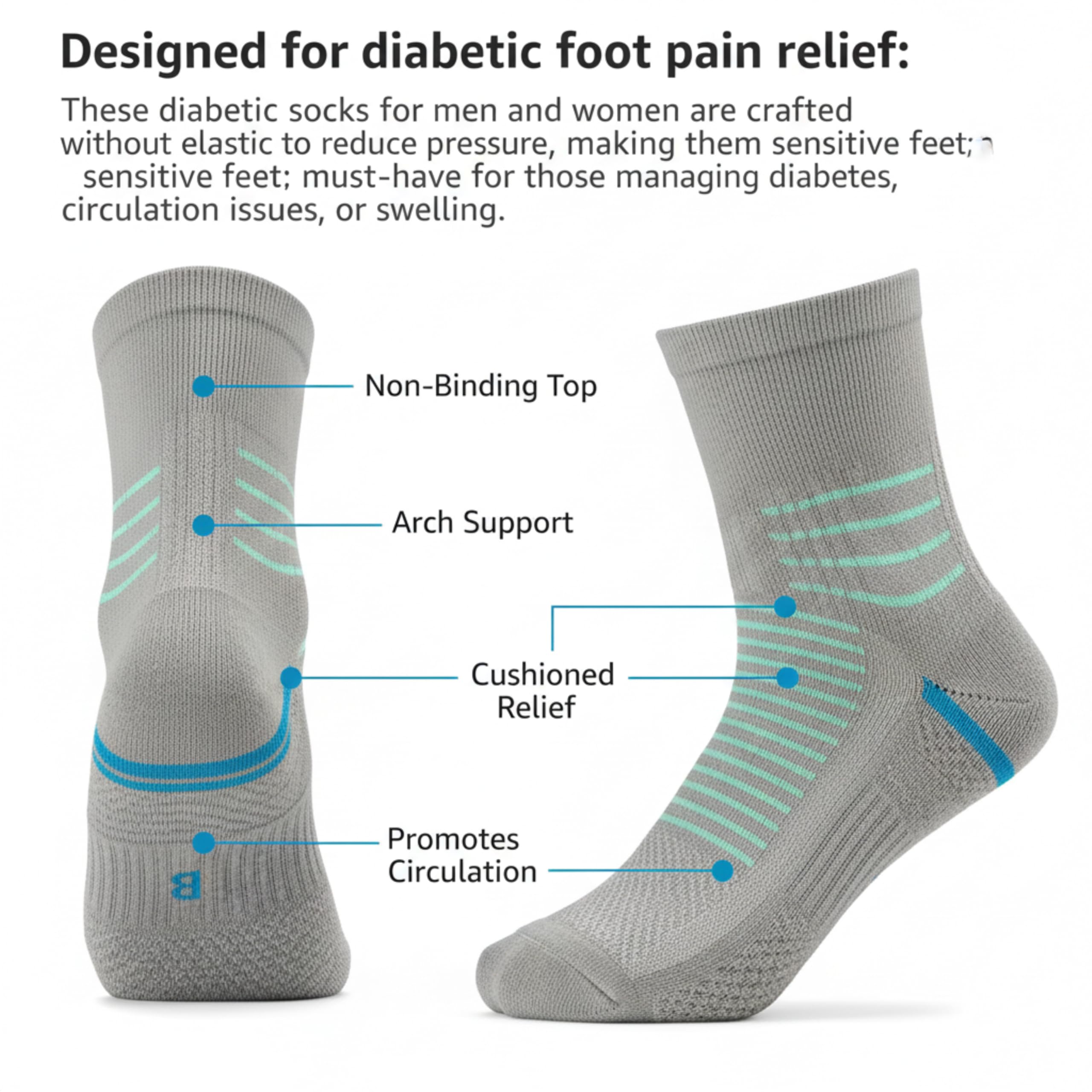 LOVELUX Crew Socks for Women & Men Circulation, Diabetic and Neropathy Pain Relief, Swelling, Neuropathy, Runner, Nurses, Travel, Pregnancy, Flying - Pack of 2- (Grey+ Cyan) 3