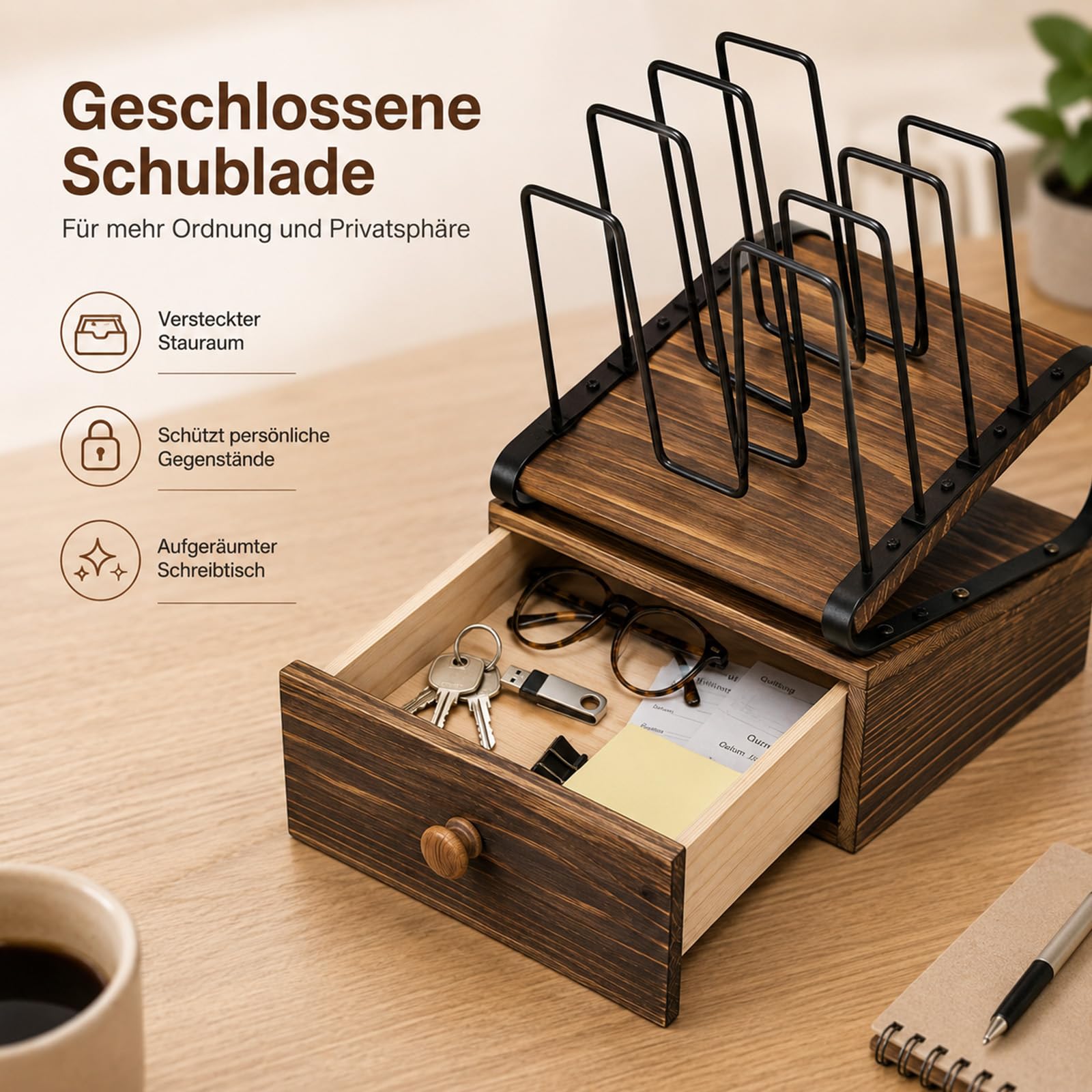 Büro Dokumentenablage Holz, Briefablage A4, Schreibtisch Organizer Holz | 5 Ebenen, Desk, Schublade, Stehsammler Papierablage für Home Office Regal, Schule und Aktenordnung